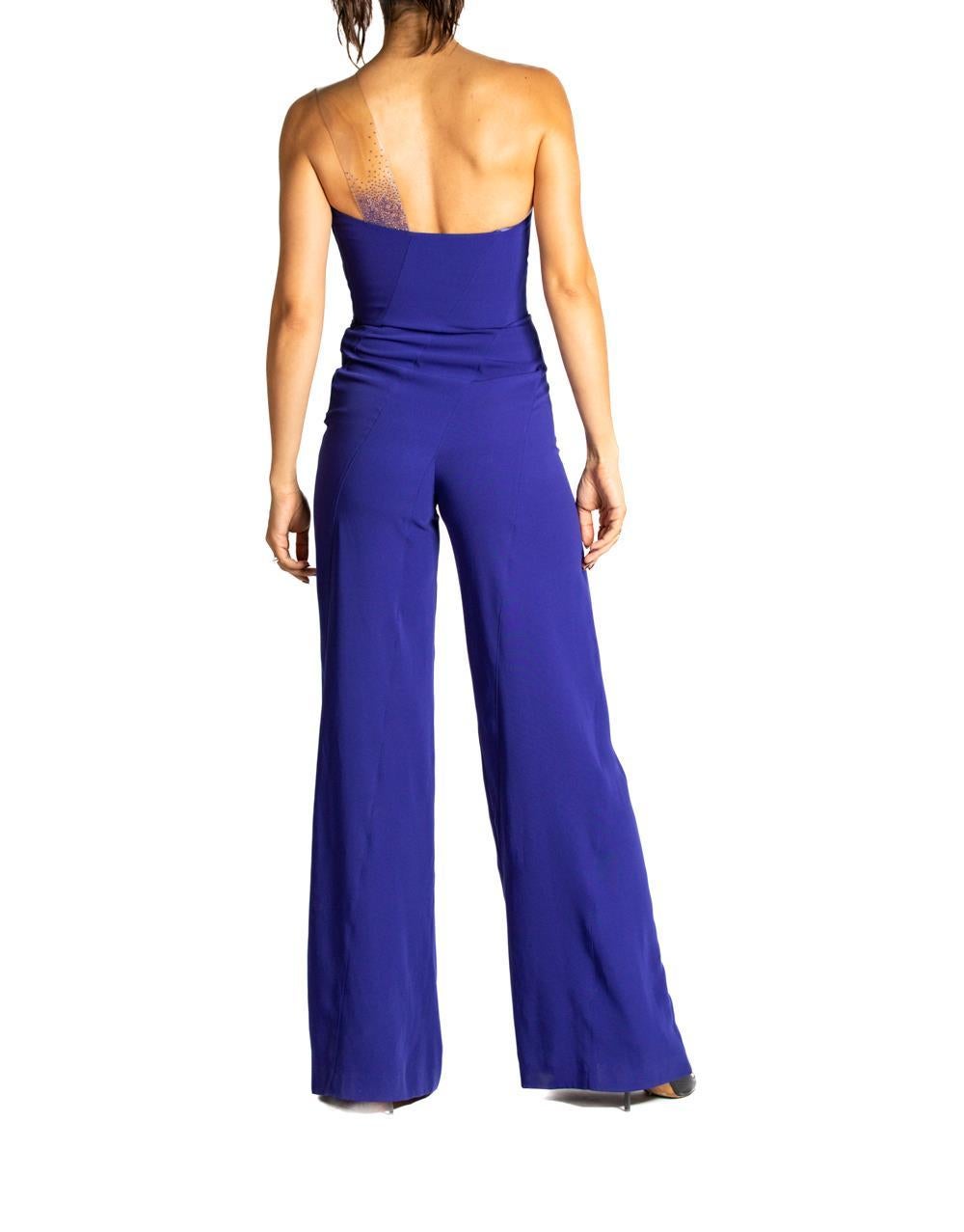 Women's 1990S THIERRY MUGLER Cobalt Blue Rayon Blend Jumpsuit With Beaded Clear Vinyl S For Sale