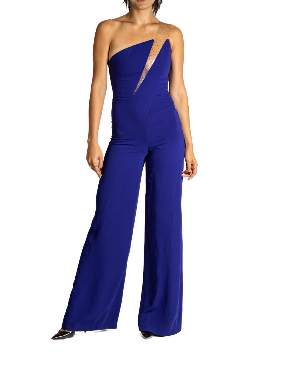 1990S THIERRY MUGLER Cobalt Blue Rayon Blend Jumpsuit With Beaded Clear Vinyl S For Sale 1