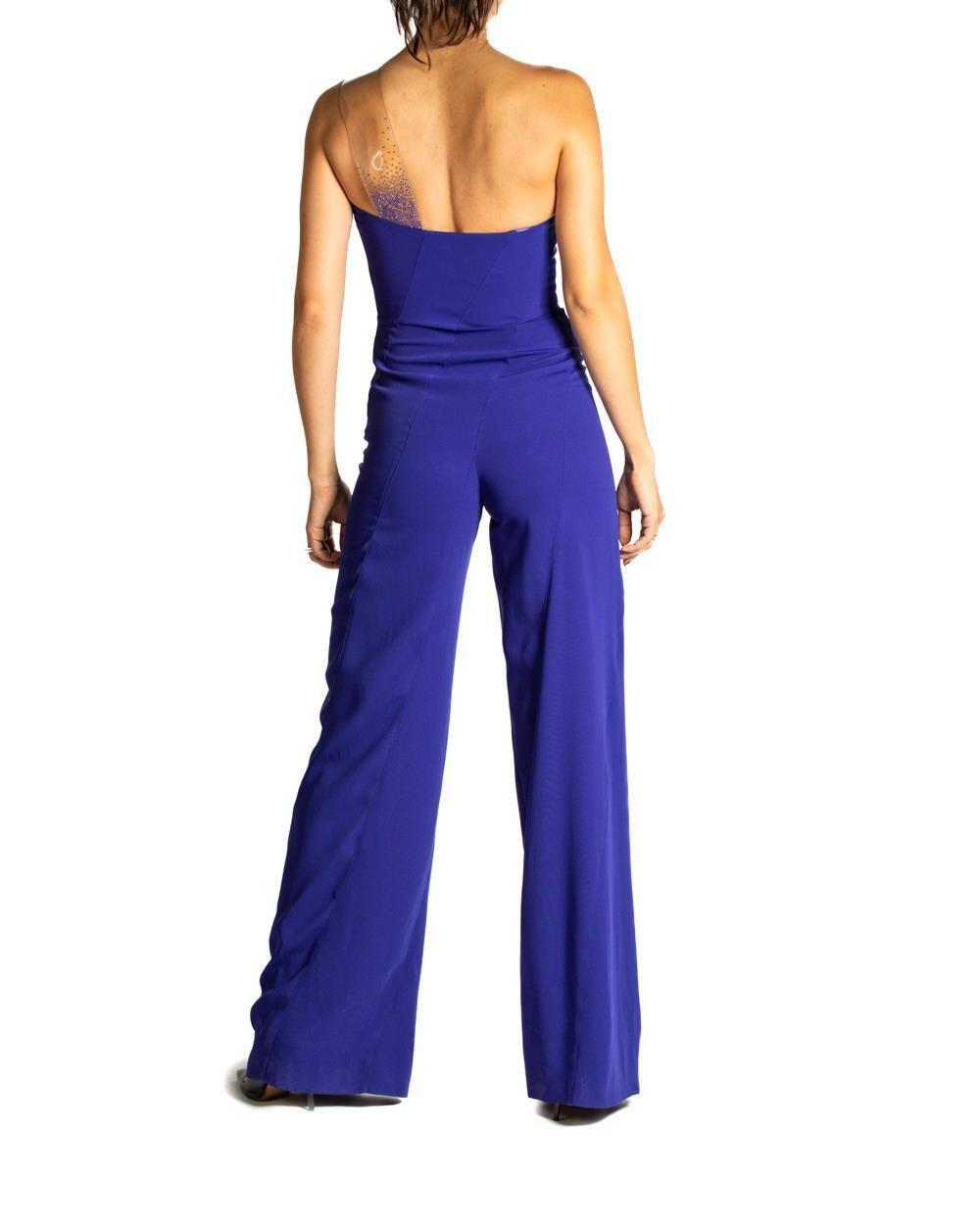 1990S THIERRY MUGLER Cobalt Blue Rayon Blend Jumpsuit With Beaded Clear Vinyl S For Sale 2