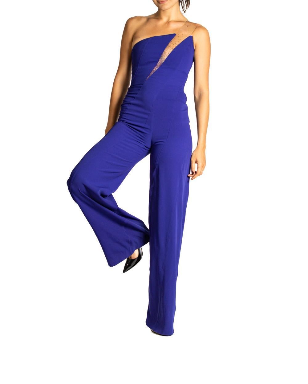1990S THIERRY MUGLER Cobalt Blue Rayon Blend Jumpsuit With Beaded Clear Vinyl S For Sale 3