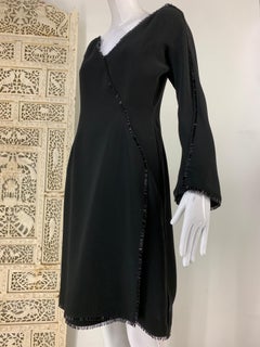 1990s Thierry Mugler Fit & Flare Wrap Style Black Cocktail Dress w Bead Fringe