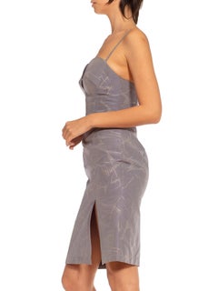 1990er THIERRY MUGLER Cocktailkleid aus grau-blauer Baumwollmischung mit Druck