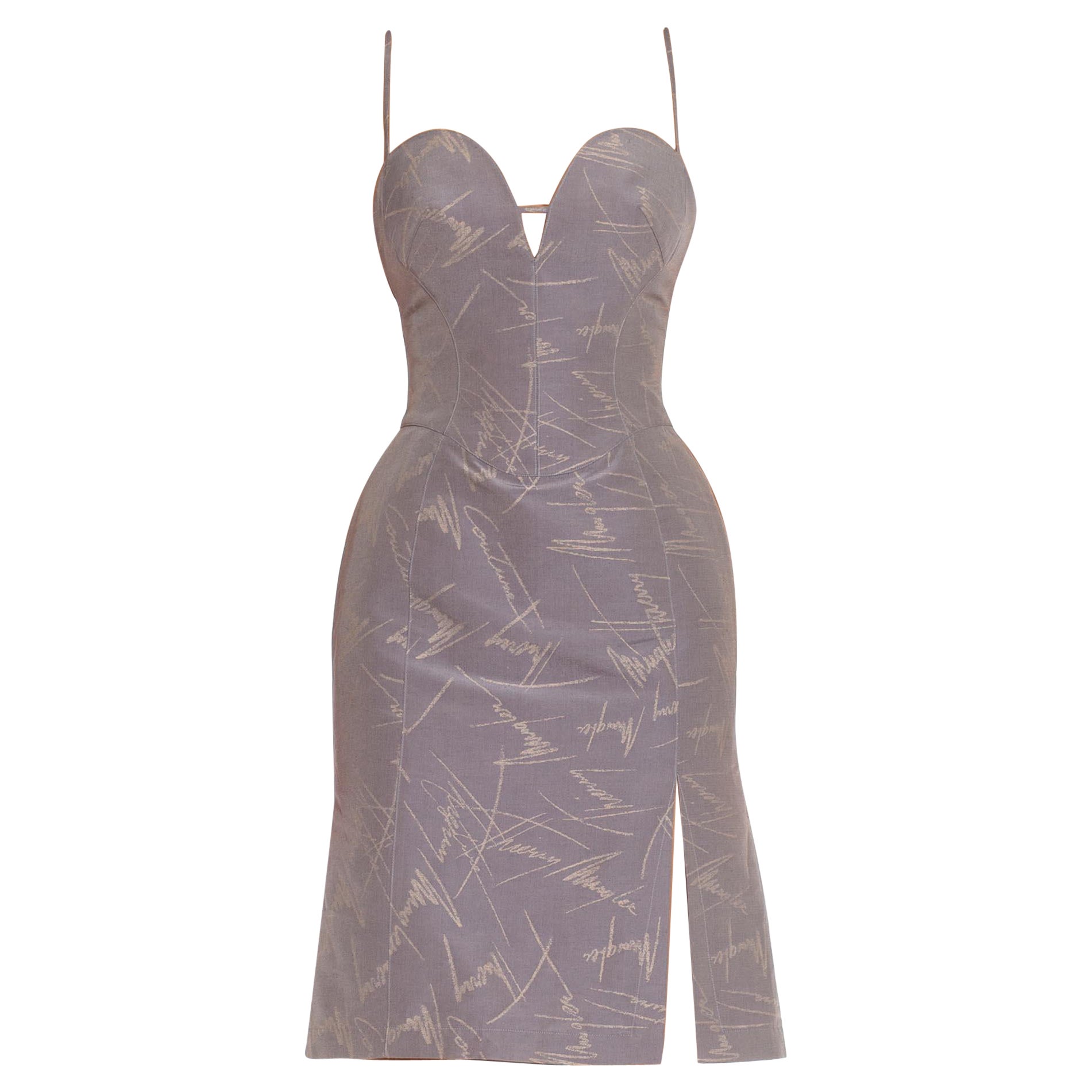 1990S Thierry Mugler - Vestito da cocktail stampato in misto cotone grigio-blu
