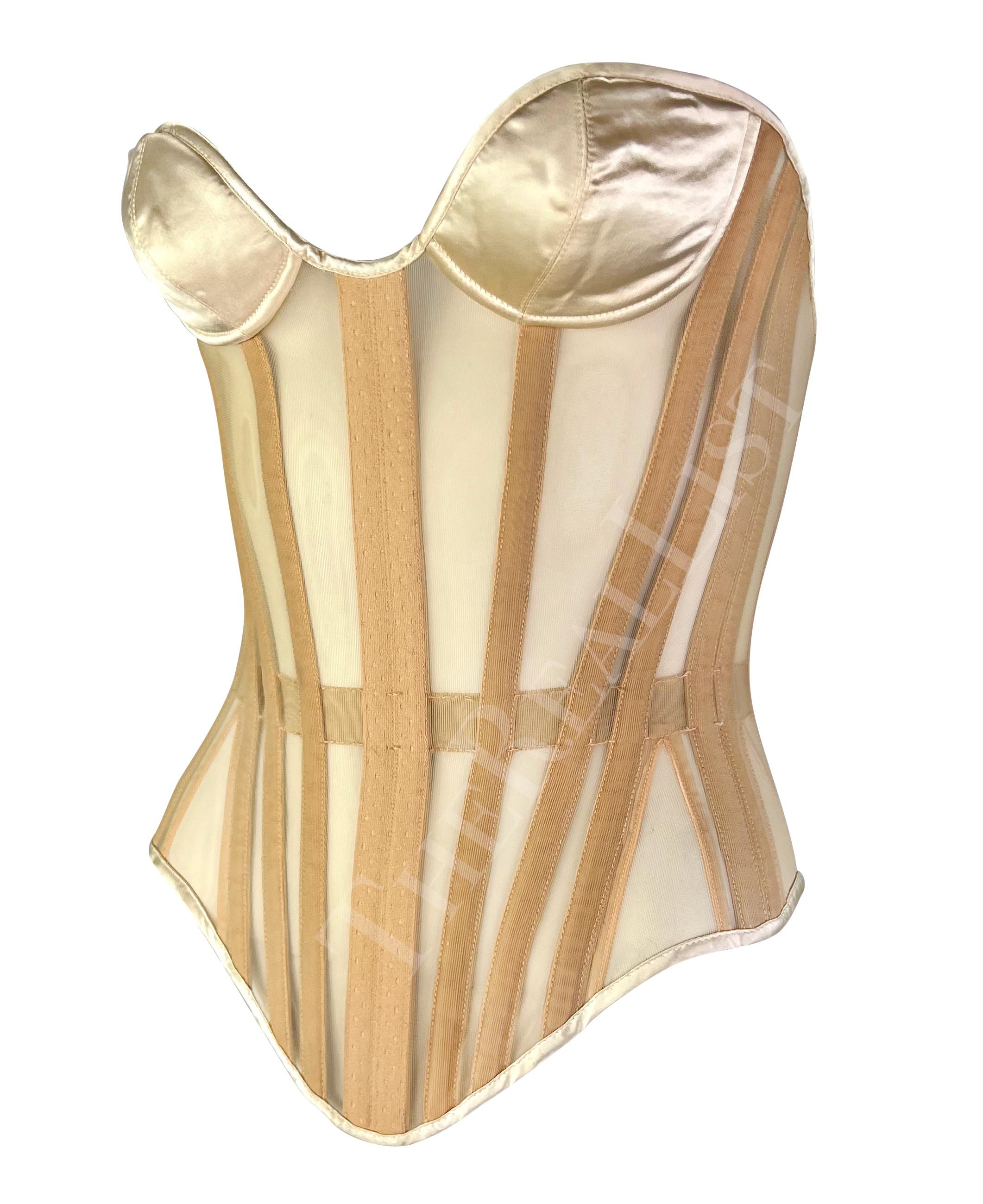 1990s Thierry Mugler Lace-Up Sheer Beige Satin Mr. Pearl Pin-Up Corset Bustier In Excellent Condition In West Hollywood, CA