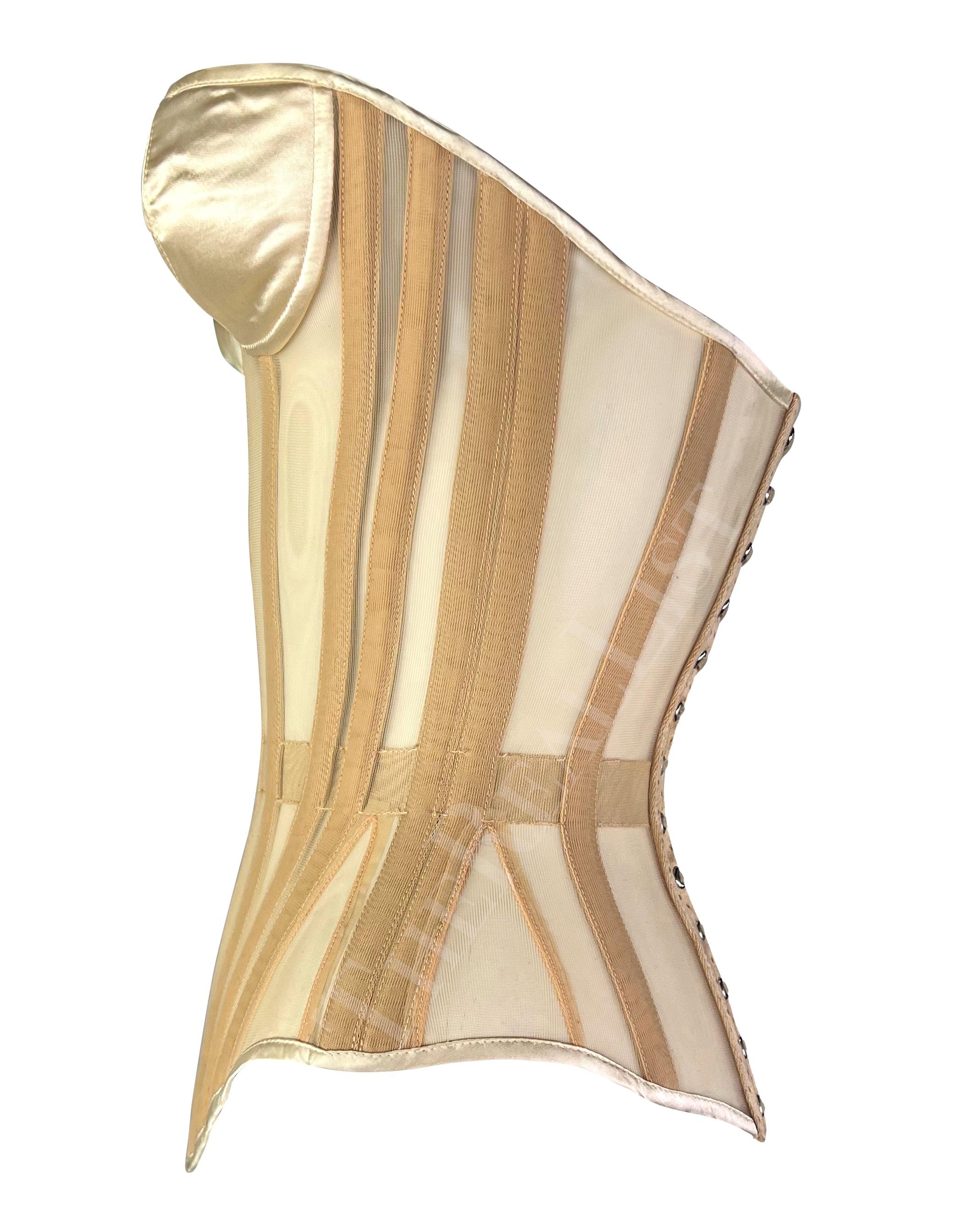 1990s Thierry Mugler Lace-Up Sheer Beige Satin Mr. Pearl Pin-Up Corset Bustier 1