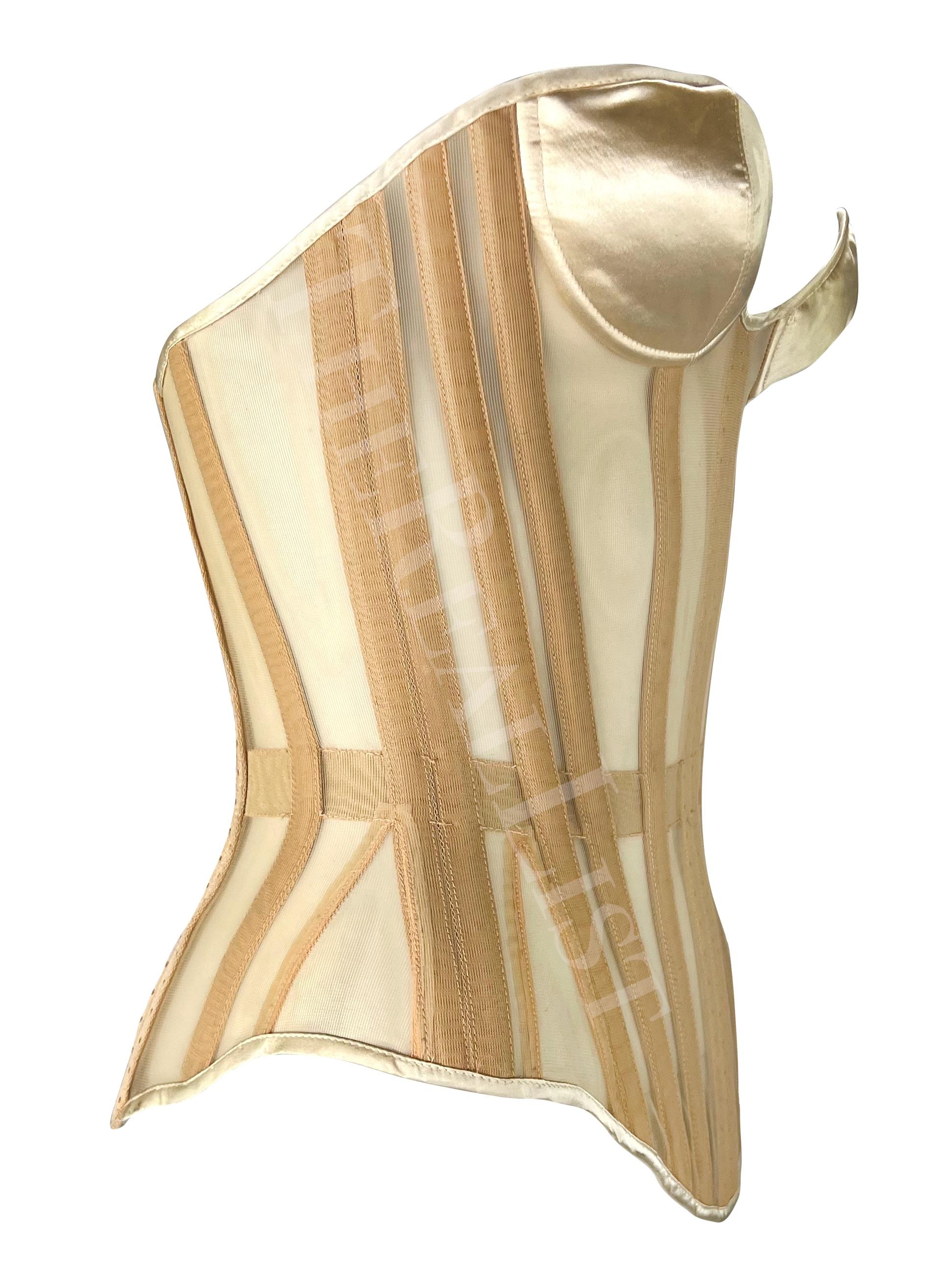 1990s Thierry Mugler Lace-Up Sheer Beige Satin Mr. Pearl Pin-Up Corset Bustier 2
