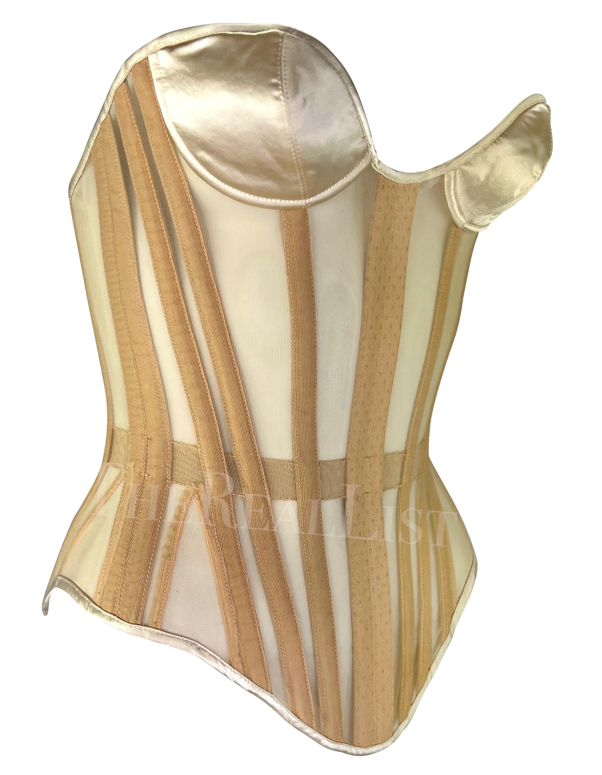 1990s Thierry Mugler Lace-Up Sheer Beige Satin Mr. Pearl Pin-Up Corset Bustier 4