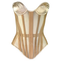 1990s Thierry Mugler Lace-Up Sheer Beige Satin Mr. Pearl Pin-Up Corset Bustier