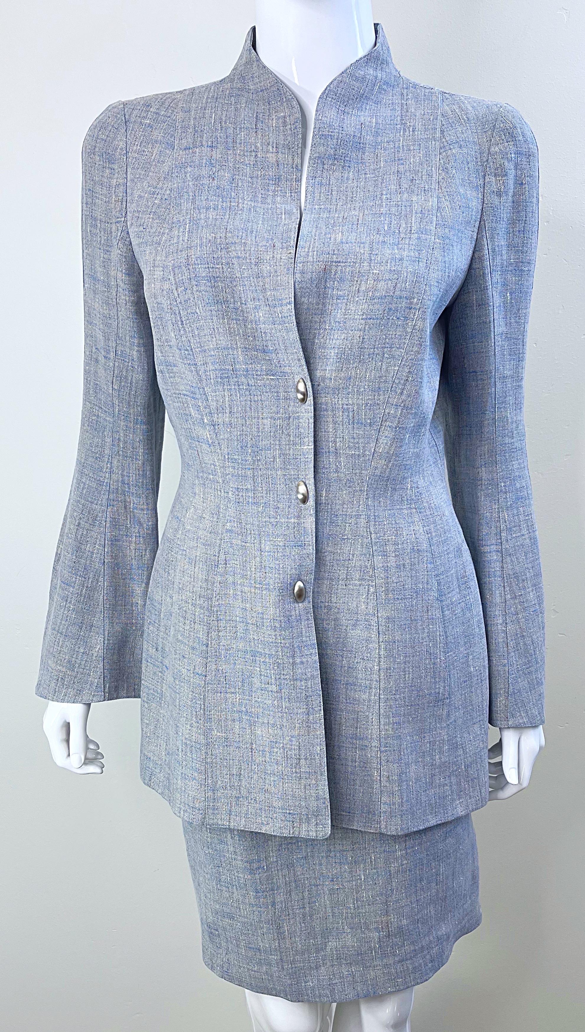 1990s Thierry Mugler Light Blue Linen Size 40 / 6  Vintage 90s Skirt Suit For Sale 6