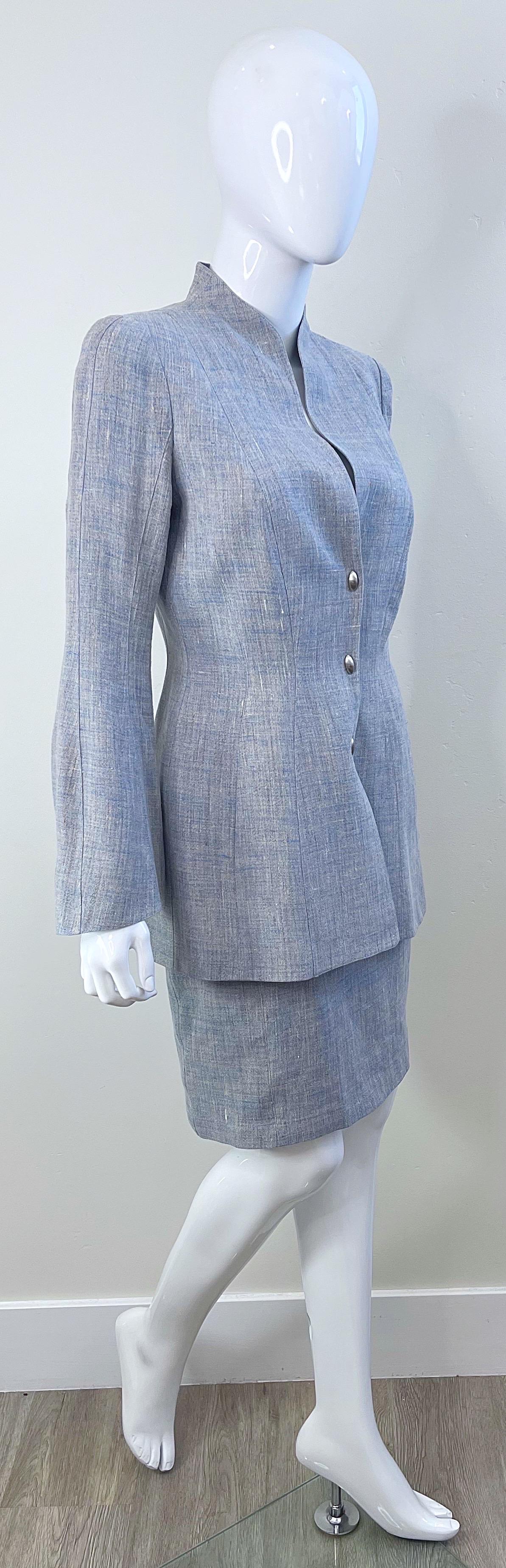 1990s Thierry Mugler Light Blue Linen Size 40 / 6  Vintage 90s Skirt Suit For Sale 8