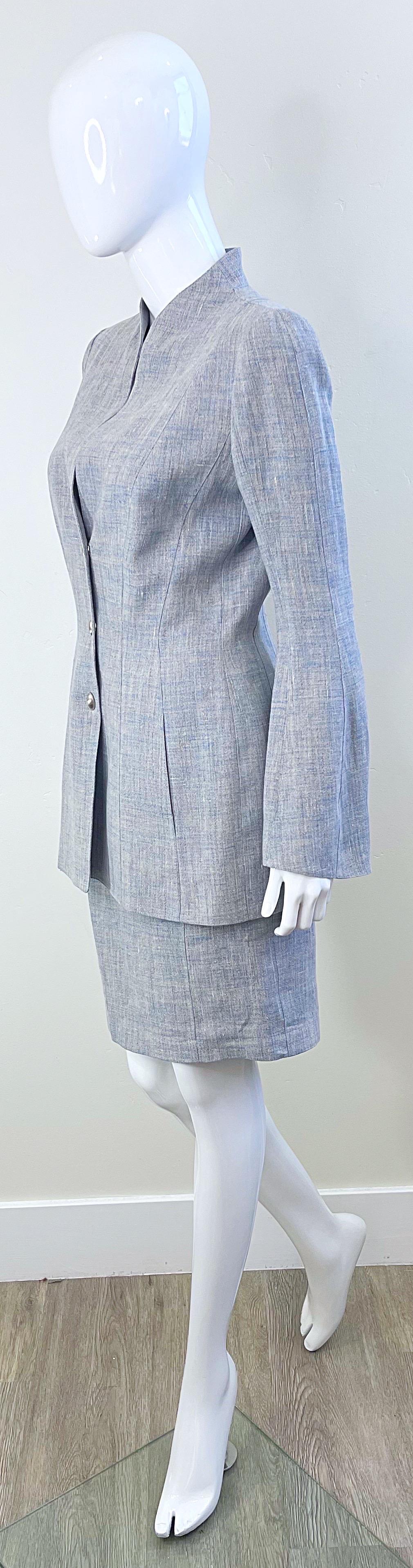 1990s Thierry Mugler Light Blue Linen Size 40 / 6  Vintage 90s Skirt Suit For Sale 9