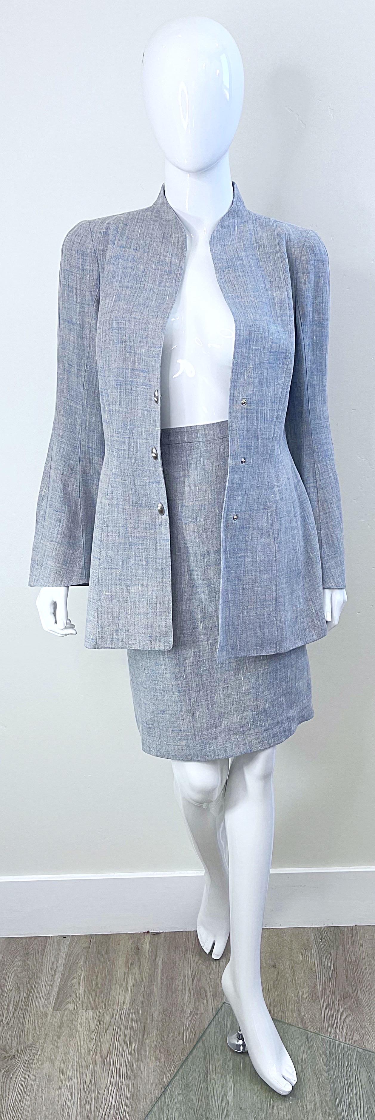 1990s Thierry Mugler Light Blue Linen Size 40 / 6  Vintage 90s Skirt Suit For Sale 11