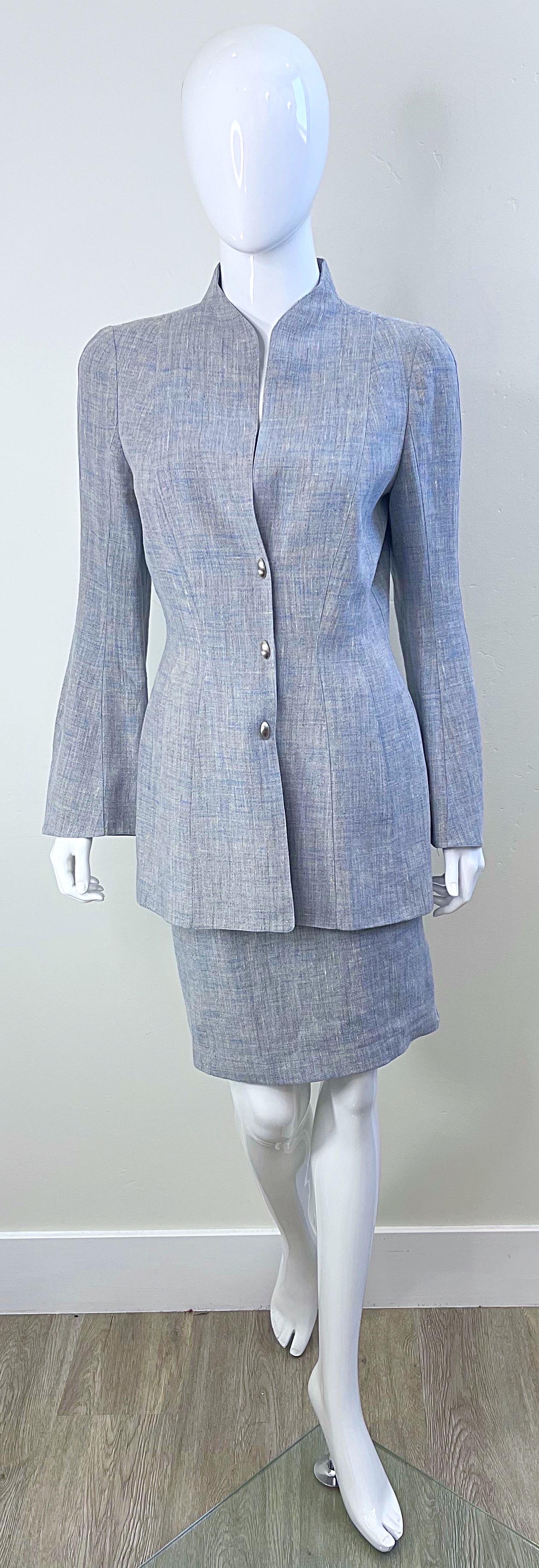 1990s Thierry Mugler Light Blue Linen Size 40 / 6  Vintage 90s Skirt Suit For Sale 12