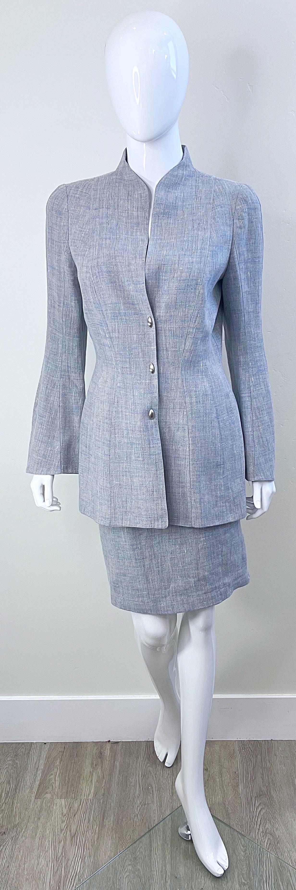 1990s Thierry Mugler Light Blue Linen Size 40 / 6  Vintage 90s Skirt Suit In Excellent Condition For Sale In San Diego, CA