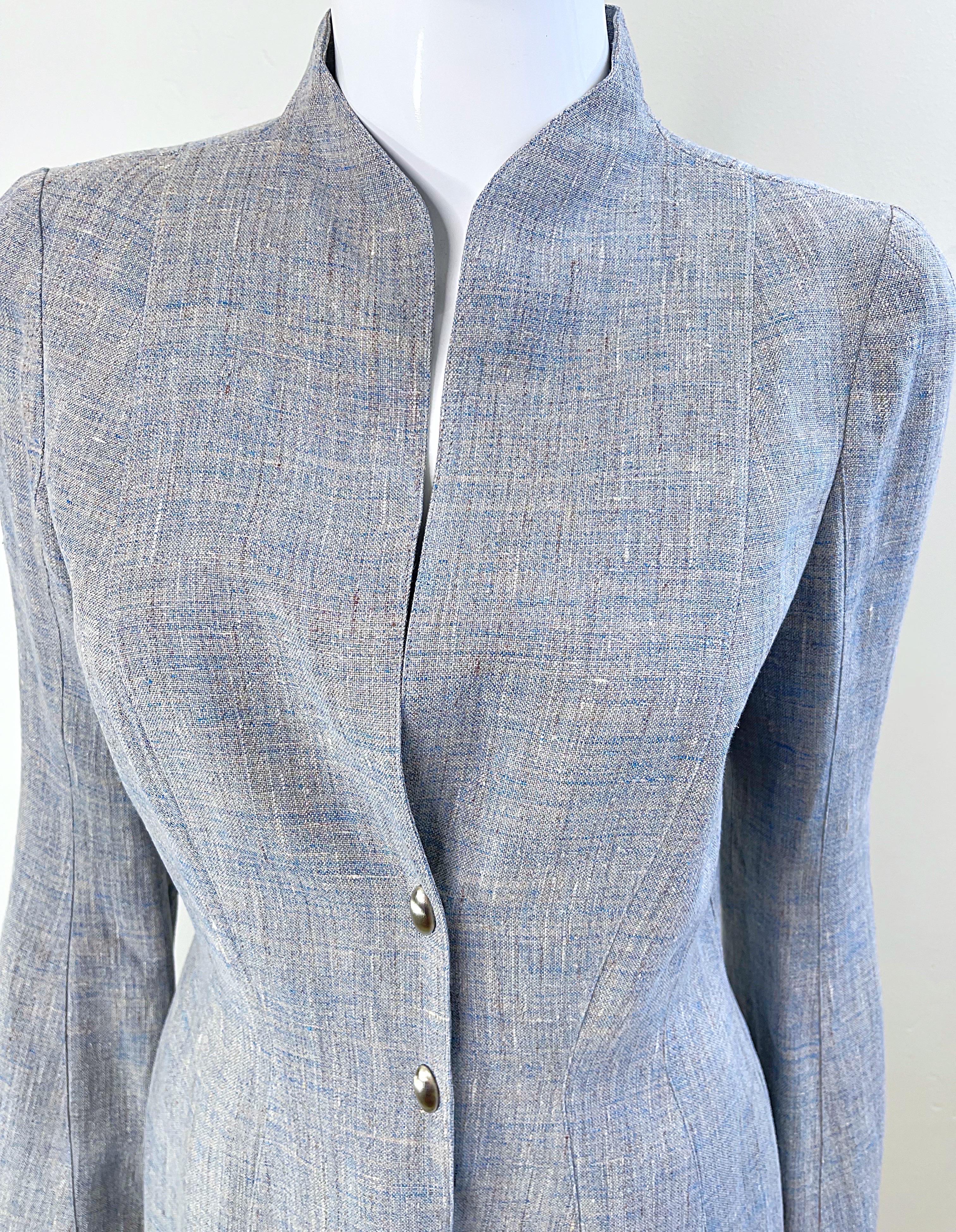 Women's 1990s Thierry Mugler Light Blue Linen Size 40 / 6  Vintage 90s Skirt Suit For Sale