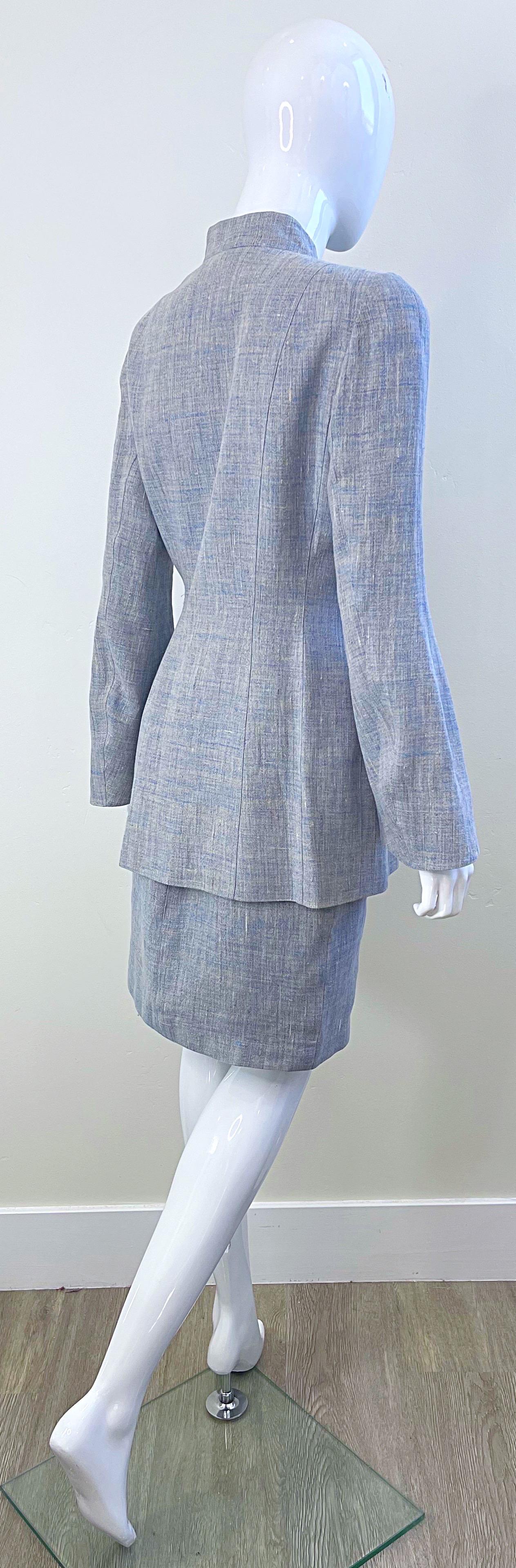 1990s Thierry Mugler Light Blue Linen Size 40 / 6  Vintage 90s Skirt Suit For Sale 1