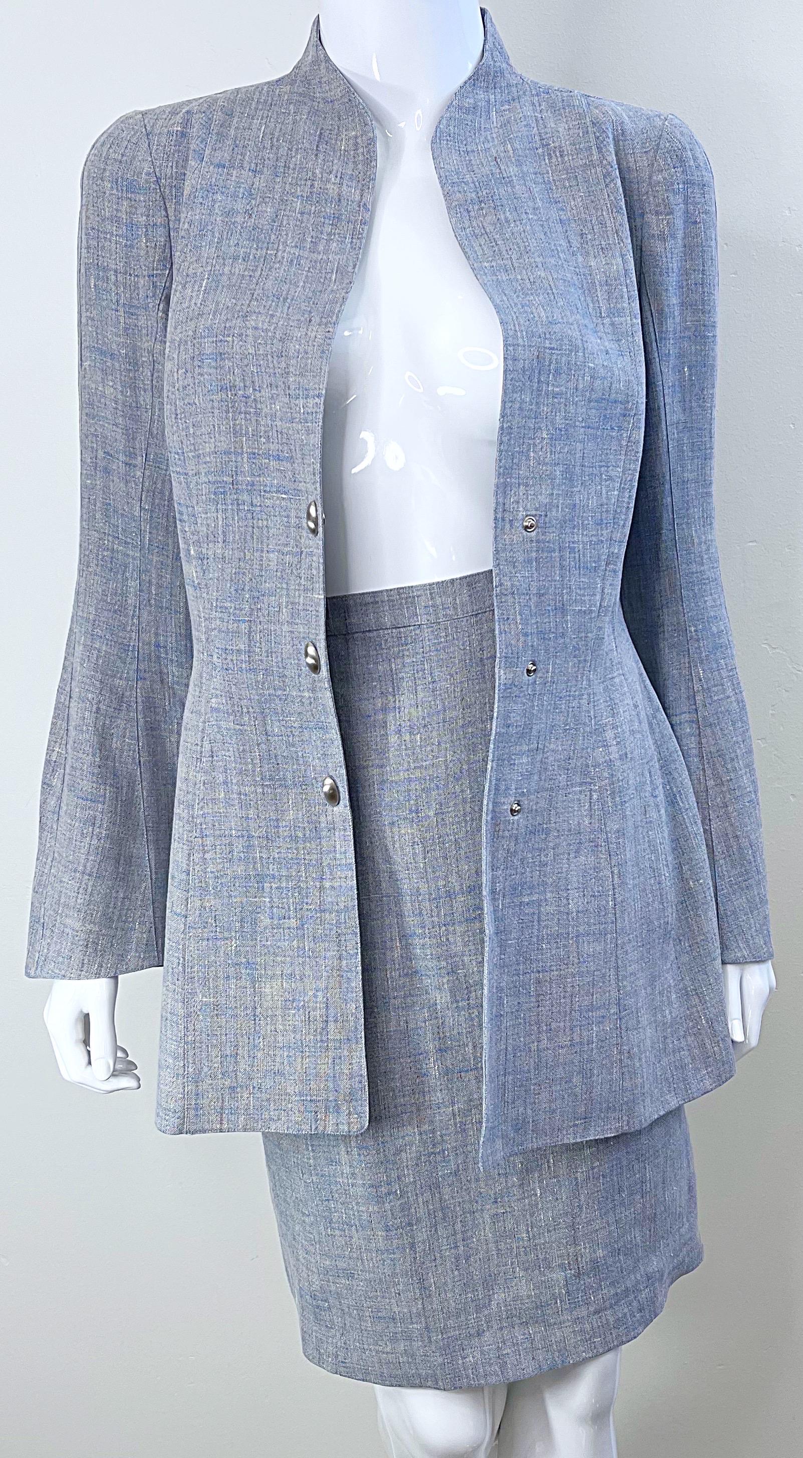 1990s Thierry Mugler Light Blue Linen Size 40 / 6  Vintage 90s Skirt Suit For Sale 2