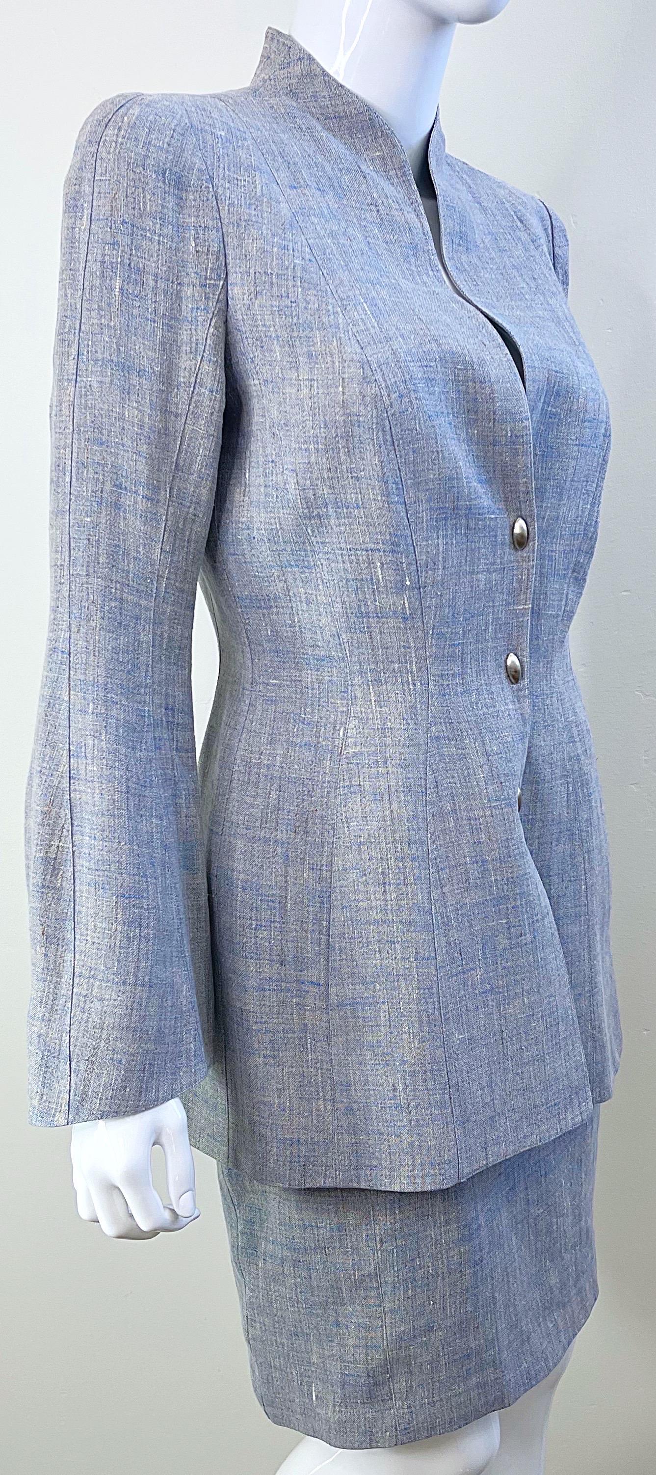 1990s Thierry Mugler Light Blue Linen Size 40 / 6  Vintage 90s Skirt Suit For Sale 3