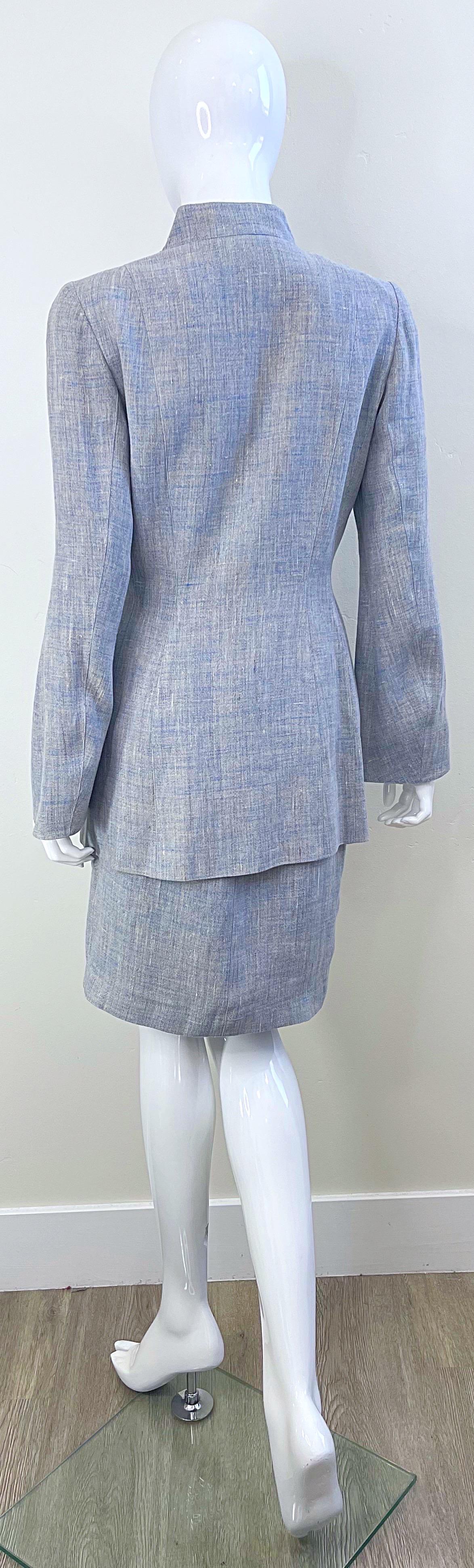 1990s Thierry Mugler Light Blue Linen Size 40 / 6  Vintage 90s Skirt Suit For Sale 4