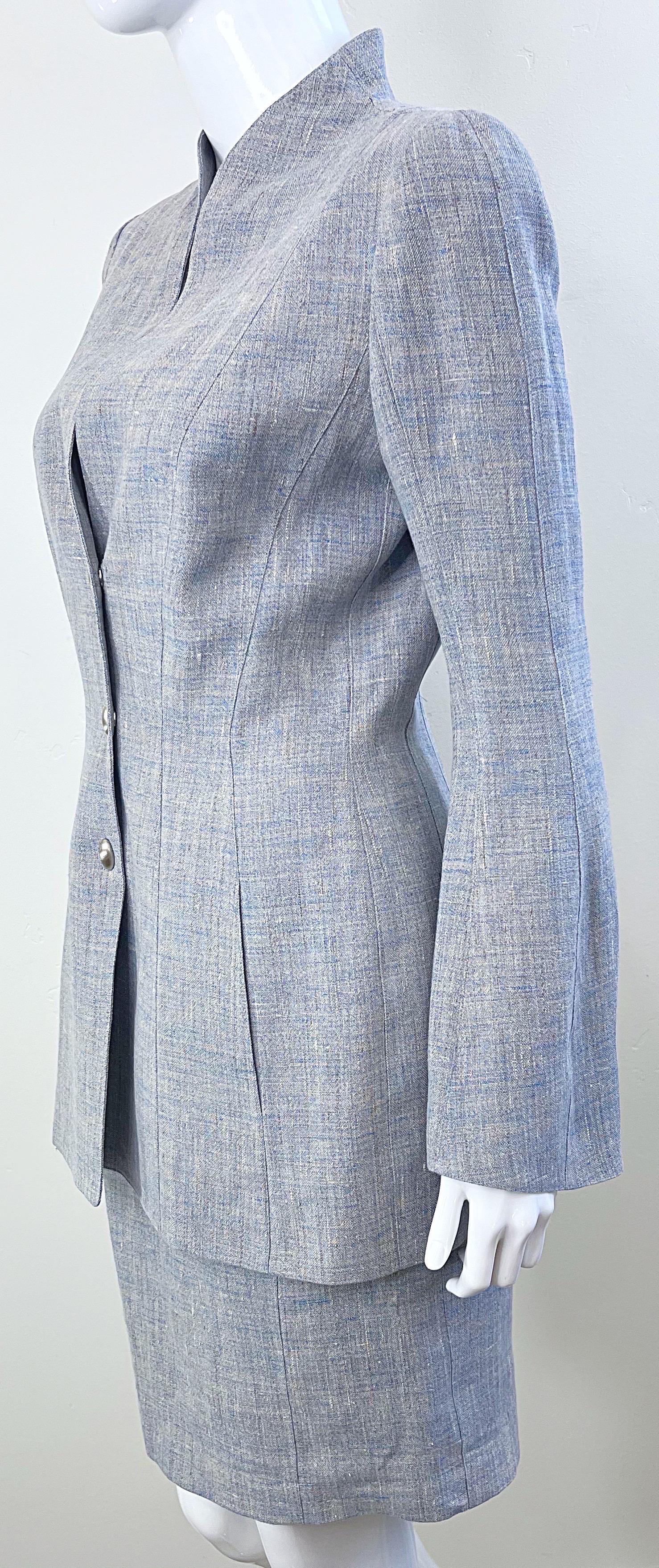 1990s Thierry Mugler Light Blue Linen Size 40 / 6  Vintage 90s Skirt Suit For Sale 5
