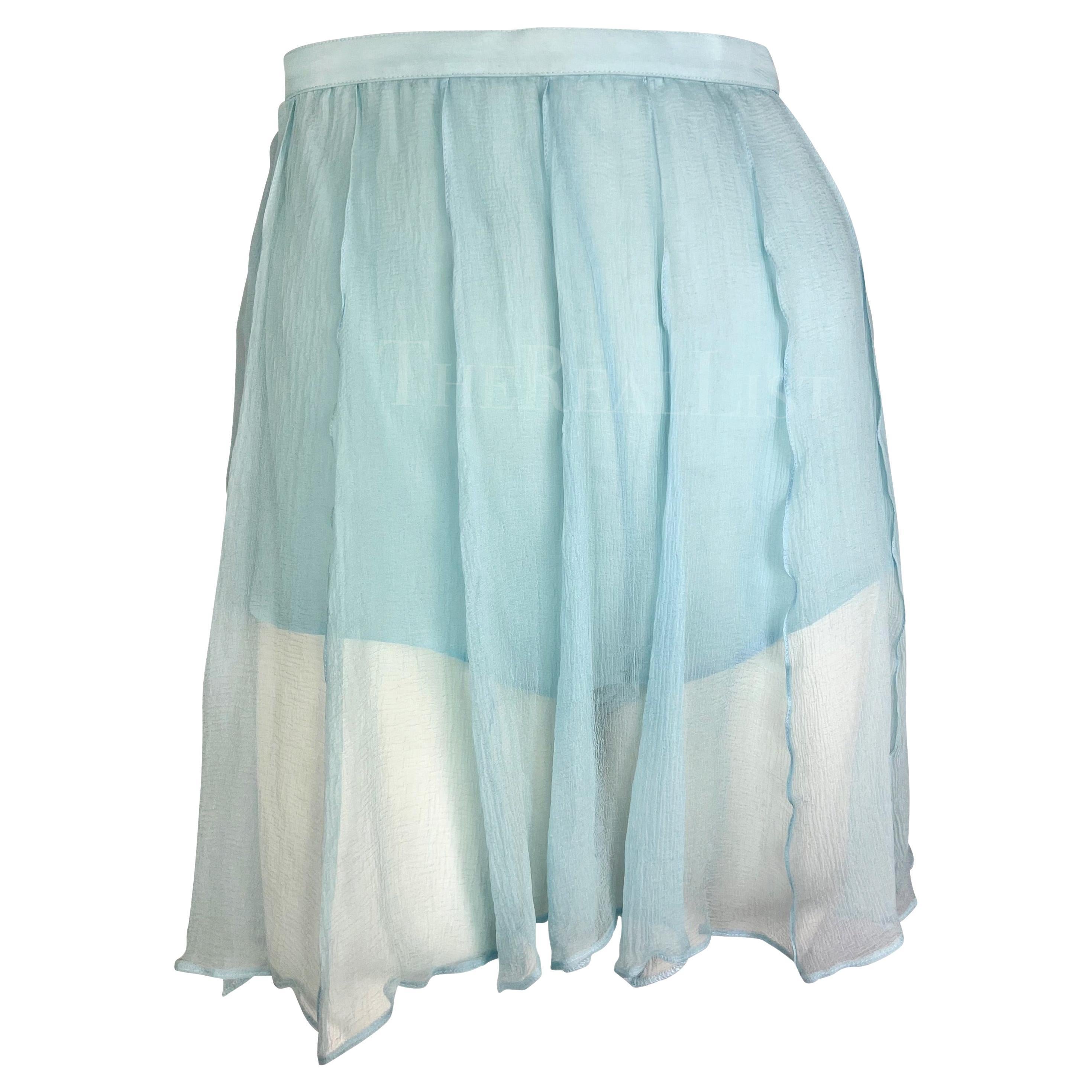 1990s Thierry Mugler Light Blue Sheer Pleated Silk Skirt Short Combo For Sale