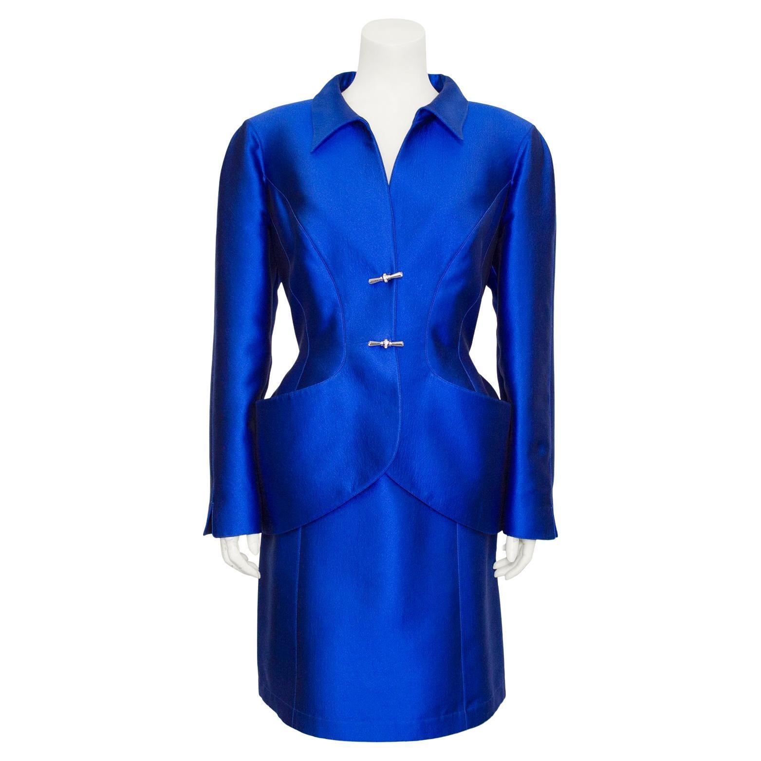 1990s Thierry Mugler Metallic Blue Skirt Suit