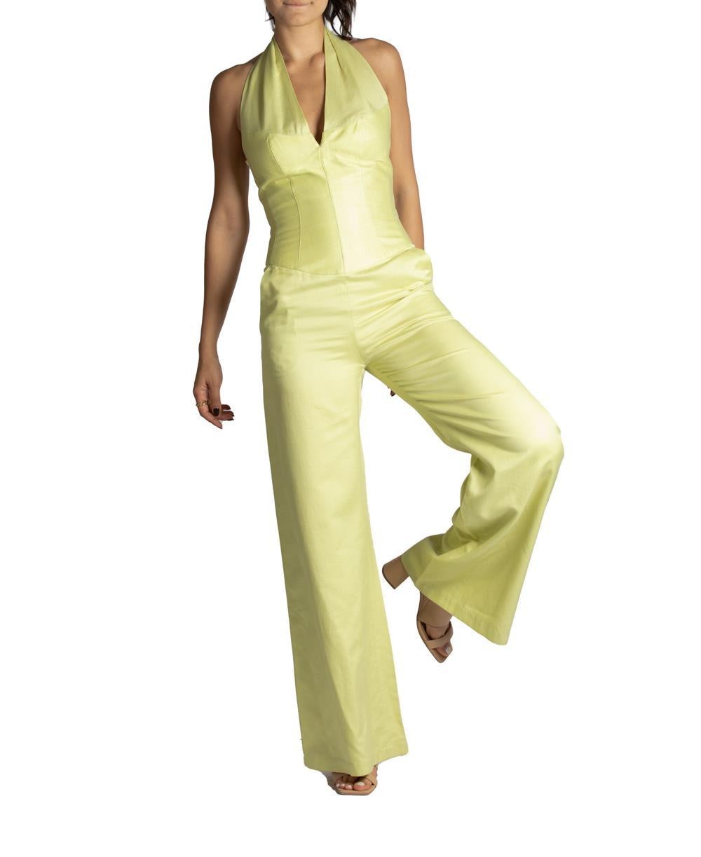 1990S THIERRY MUGLER Mint Green Metallic Silk Jumpsuit In Excellent Condition For Sale In New York, NY