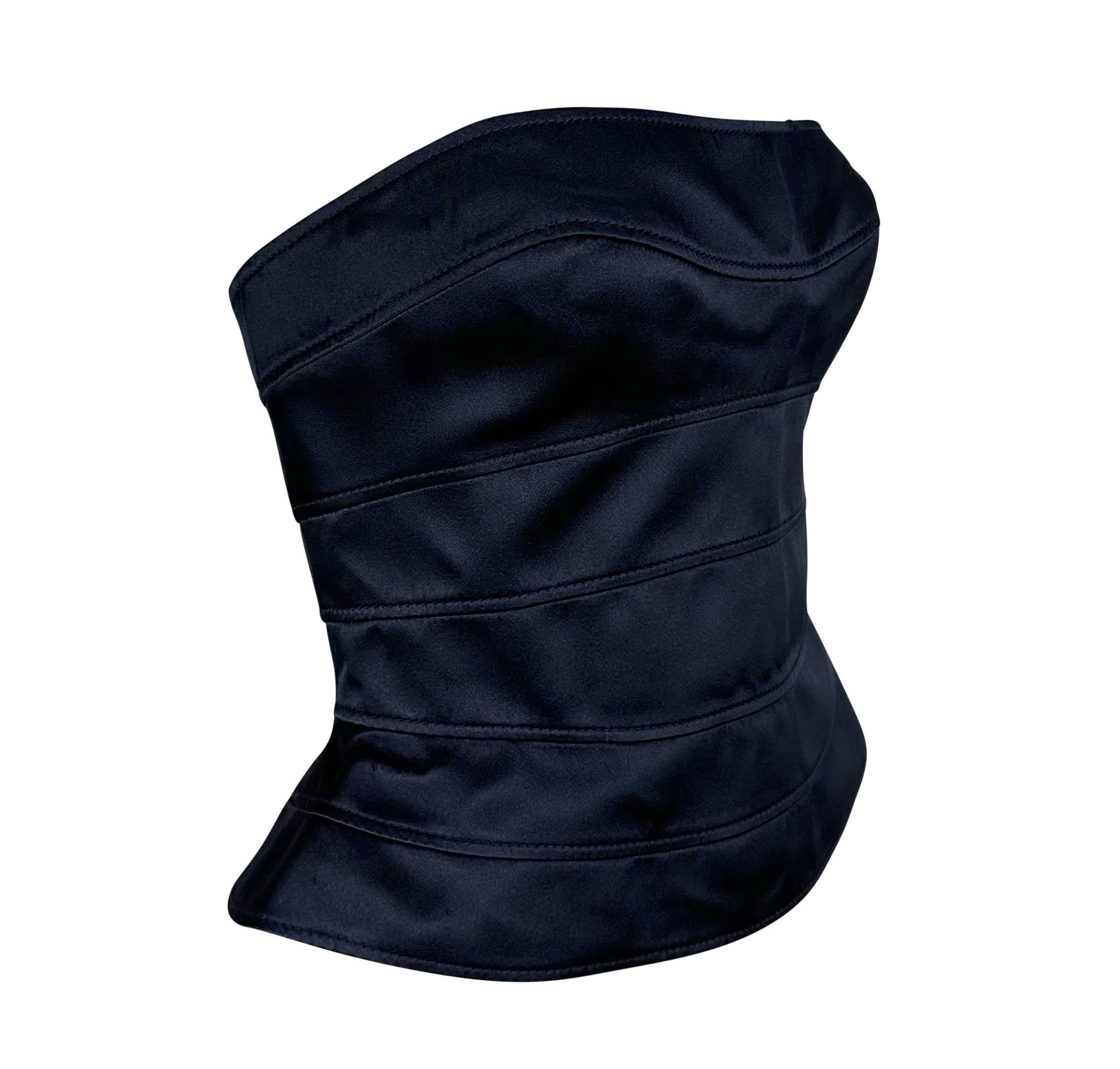 Black 1990s Thierry Mugler Navy Satin Paneled Strapless Bustier Silk Corset Top For Sale