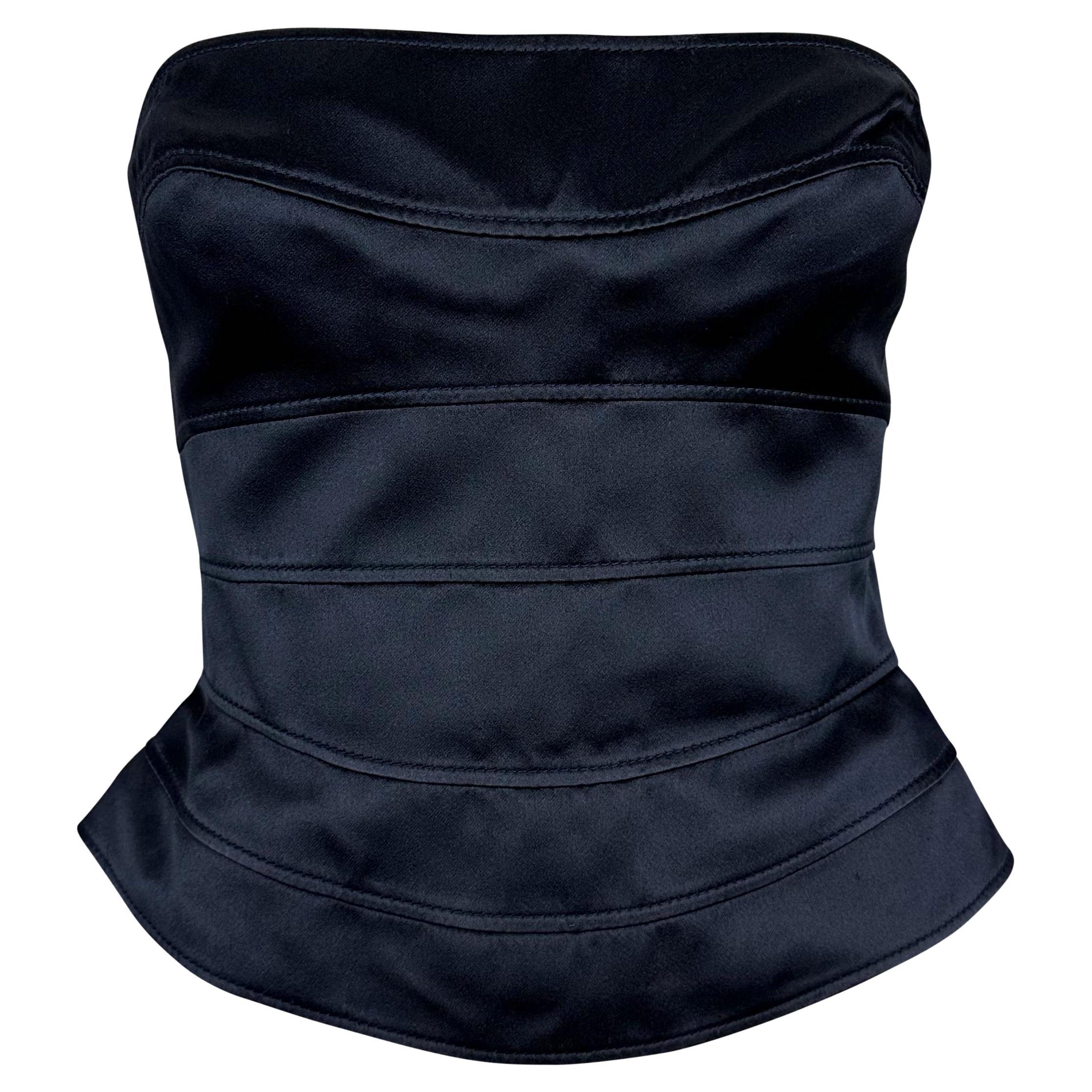 1990s Thierry Mugler Navy Satin Paneled Strapless Bustier Silk Corset Top For Sale
