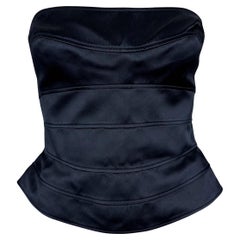 1990s Thierry Mugler Navy Satin Paneled Strapless Bustier Silk Corset Top
