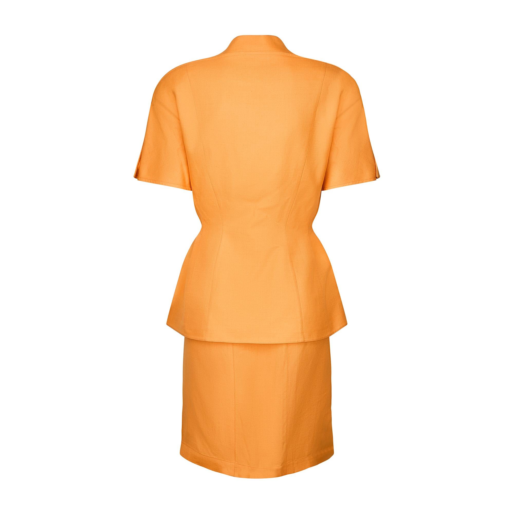 Arancia Thierry Mugler anni '90, abito con gonna aderente in misto lino arancione in vendita