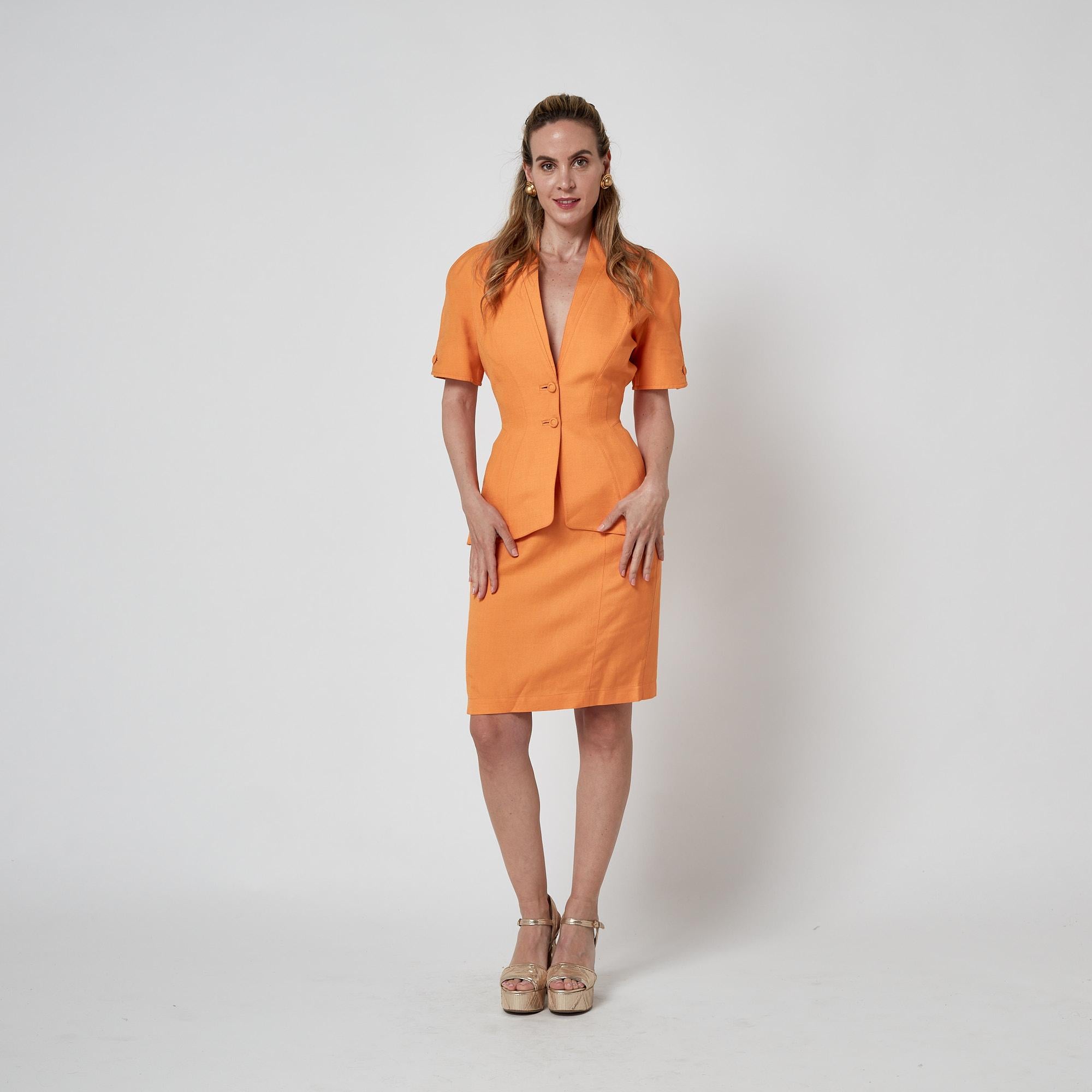 Thierry Mugler anni '90, abito con gonna aderente in misto lino arancione in vendita 2