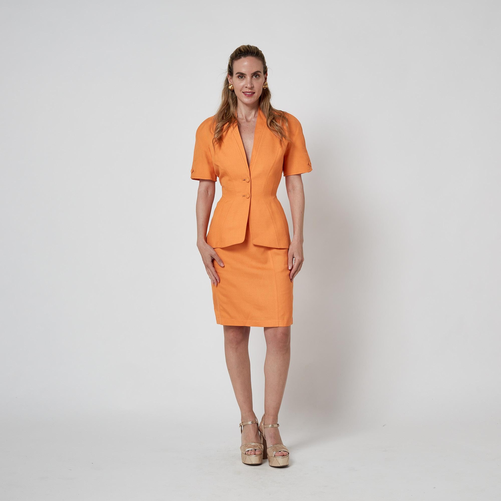 Thierry Mugler anni '90, abito con gonna aderente in misto lino arancione in vendita 4