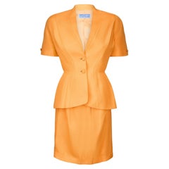 1990s Thierry Mugler Orange Linen Blend Fitted Skirt Suit