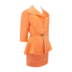 1990s Thierry Mugler Orange Semi-Sheer Silk Skirt Suit