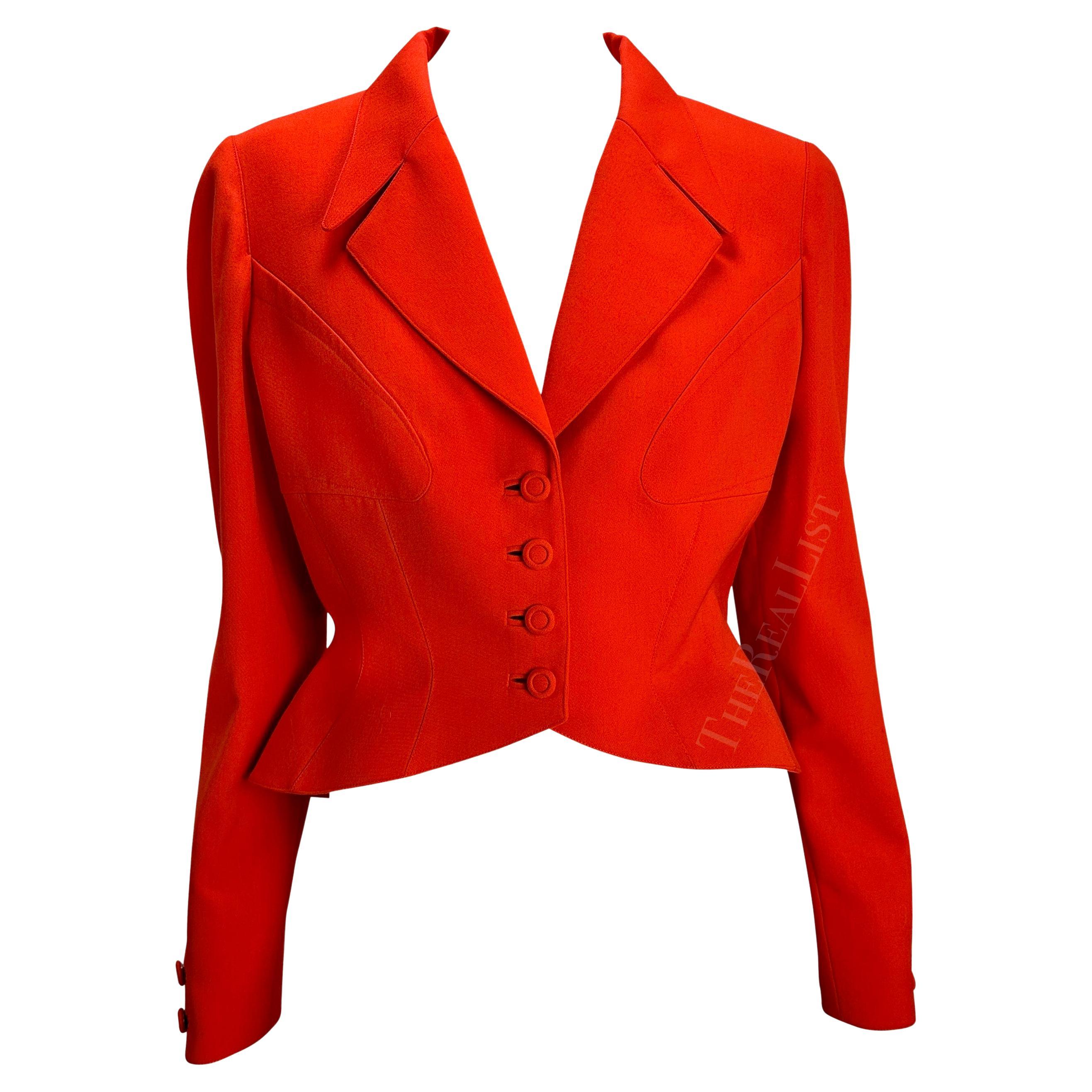 1990s Thierry Mugler Orange Structured Hourglass Cropped Blazer For Sale