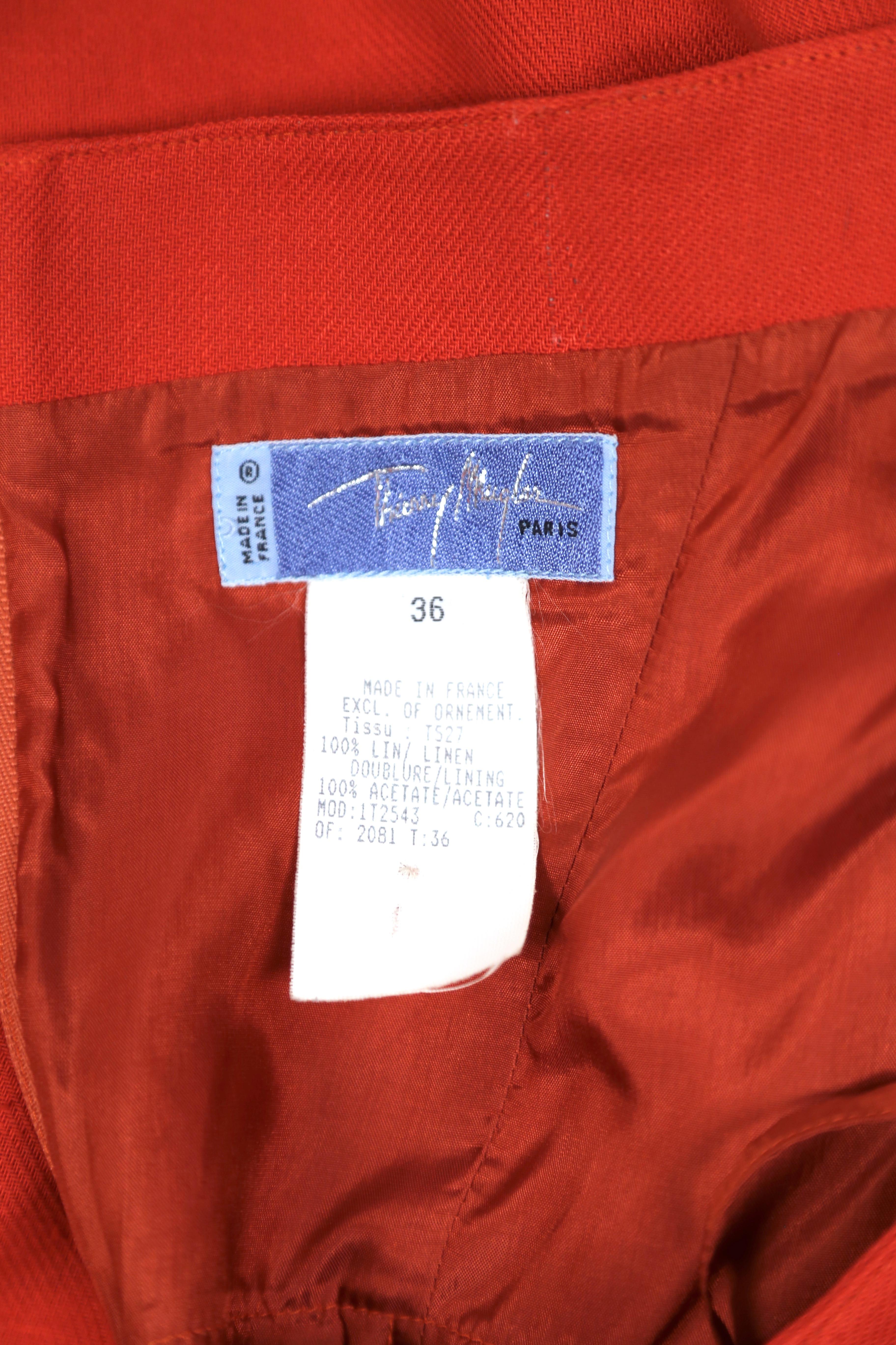 1990's THIERRY MUGLER persimmon linen dress with asymmetrical wrap For Sale 5