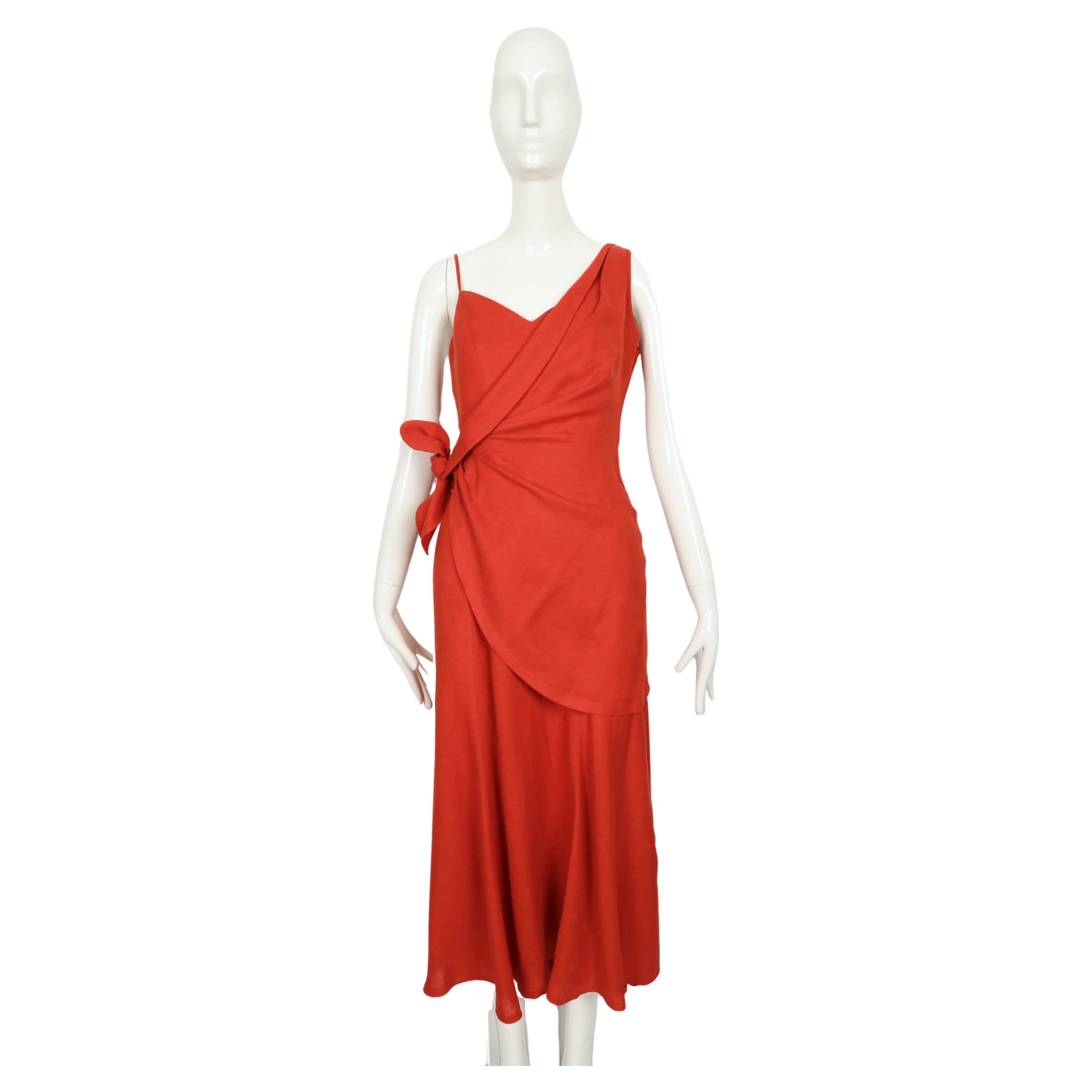 Red 1990's THIERRY MUGLER persimmon linen dress with asymmetrical wrap For Sale