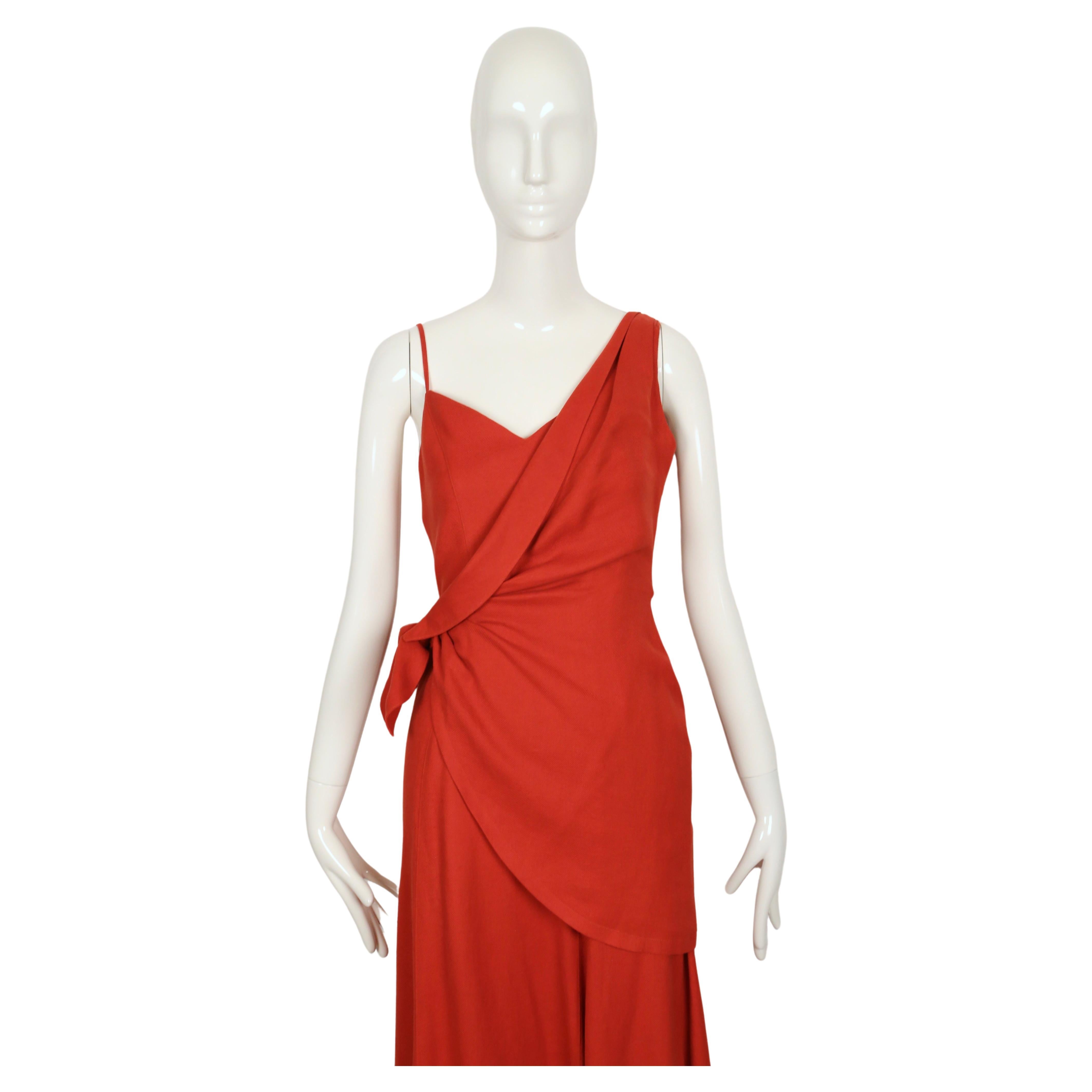 1990's THIERRY MUGLER persimmon linen dress with asymmetrical wrap In Good Condition For Sale In San Fransisco, CA