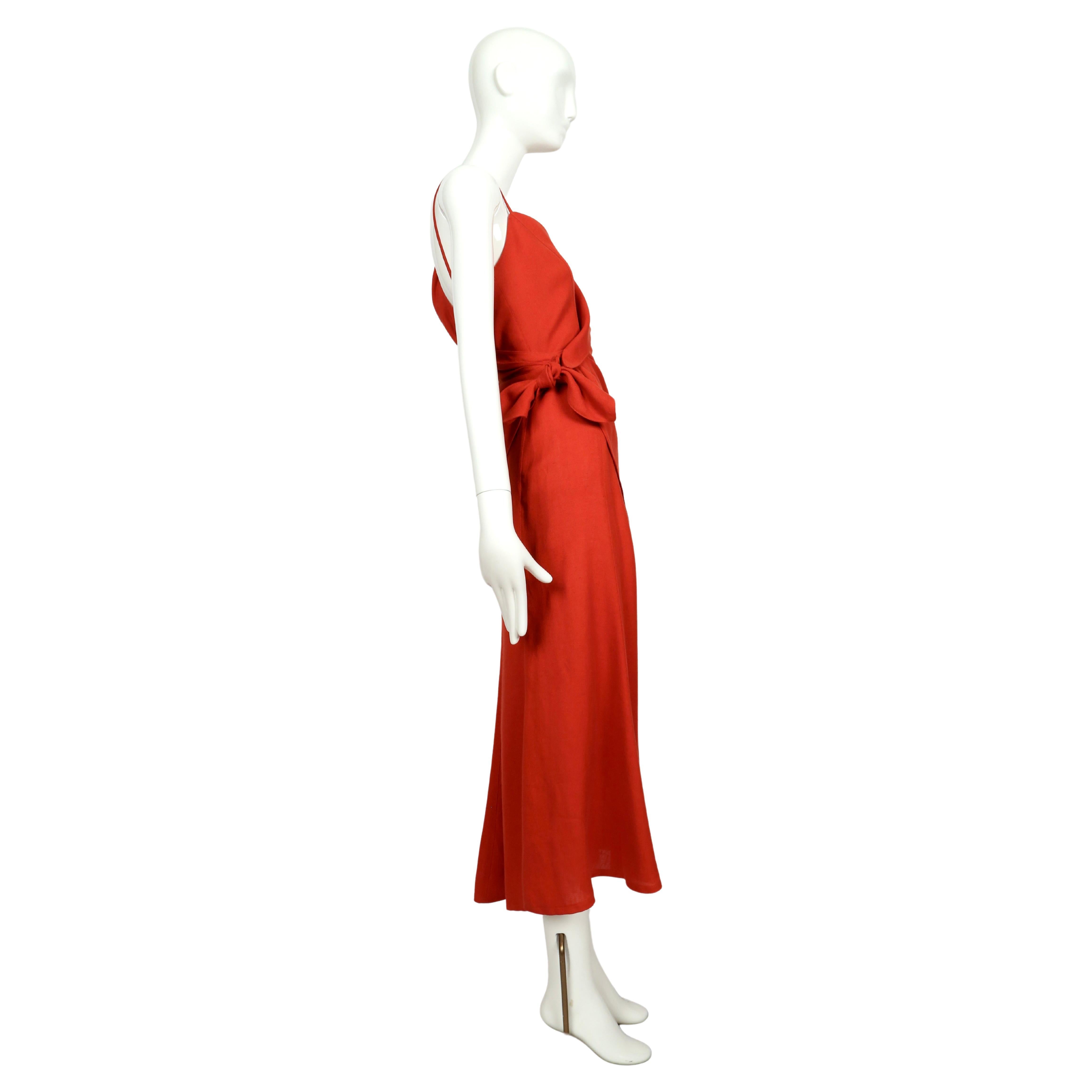 1990's THIERRY MUGLER persimmon linen dress with asymmetrical wrap For Sale 1