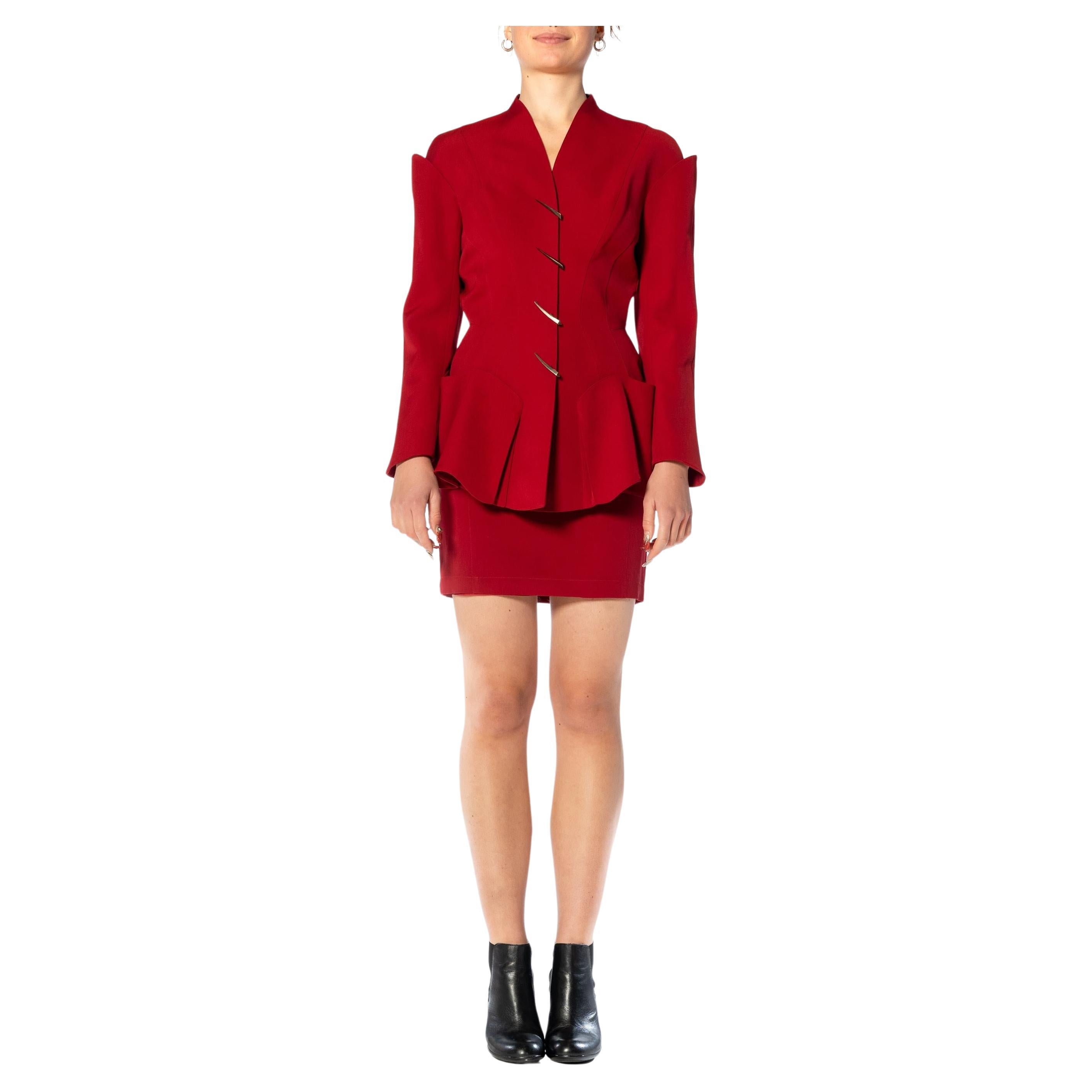 1990S THIERRY MUGLER Red Wool Skirt Suit With Peplum In Excellent Condition For Sale In New York, NY