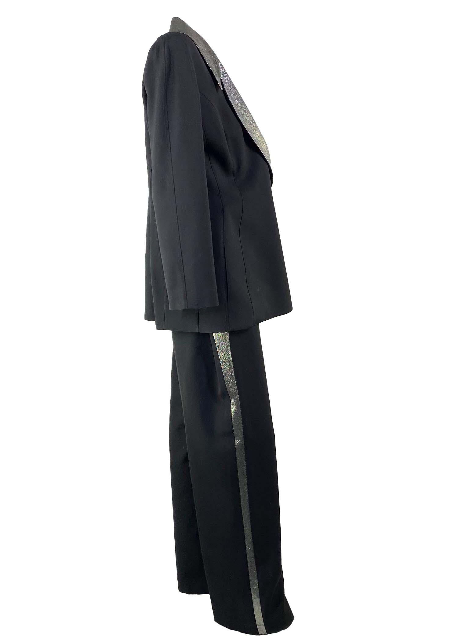 1990s Thierry Mugler Rhinestone Silver Lamé Accented Pantsuit Tuxedo In Good Condition In West Hollywood, CA