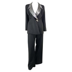 1990s Thierry Mugler Rhinestone Silver Lamé Accented Pantsuit Tuxedo