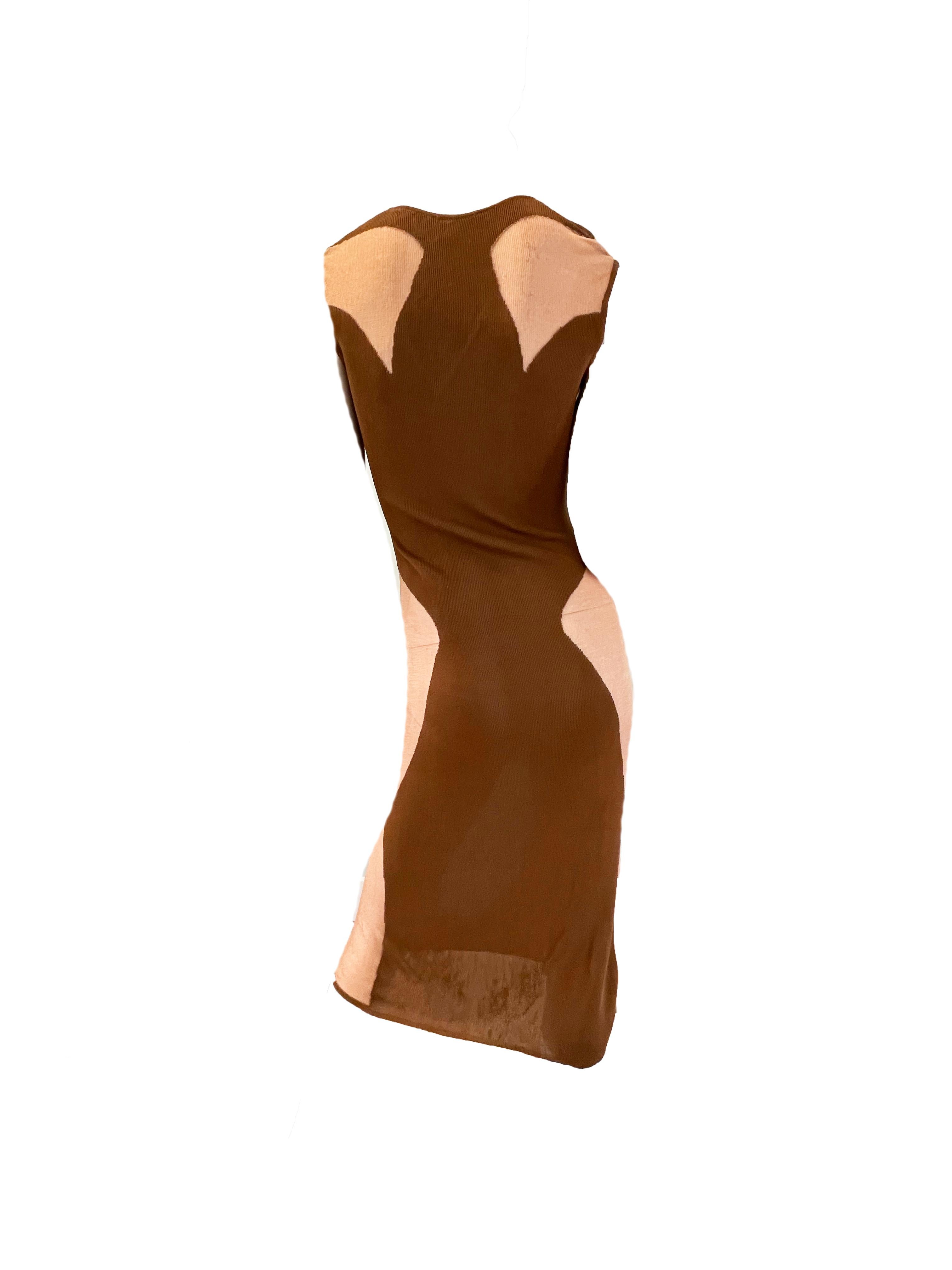 Brown 1990s Thierry Mugler Semi Sheer stretch Dress with Sheer panels