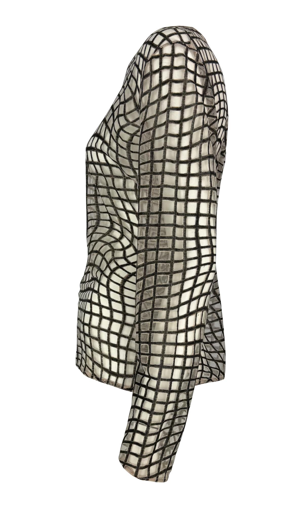 1990s Thierry Mugler Sheer Beige Mesh Op Art Print Long Sleeve Top In Excellent Condition For Sale In West Hollywood, CA