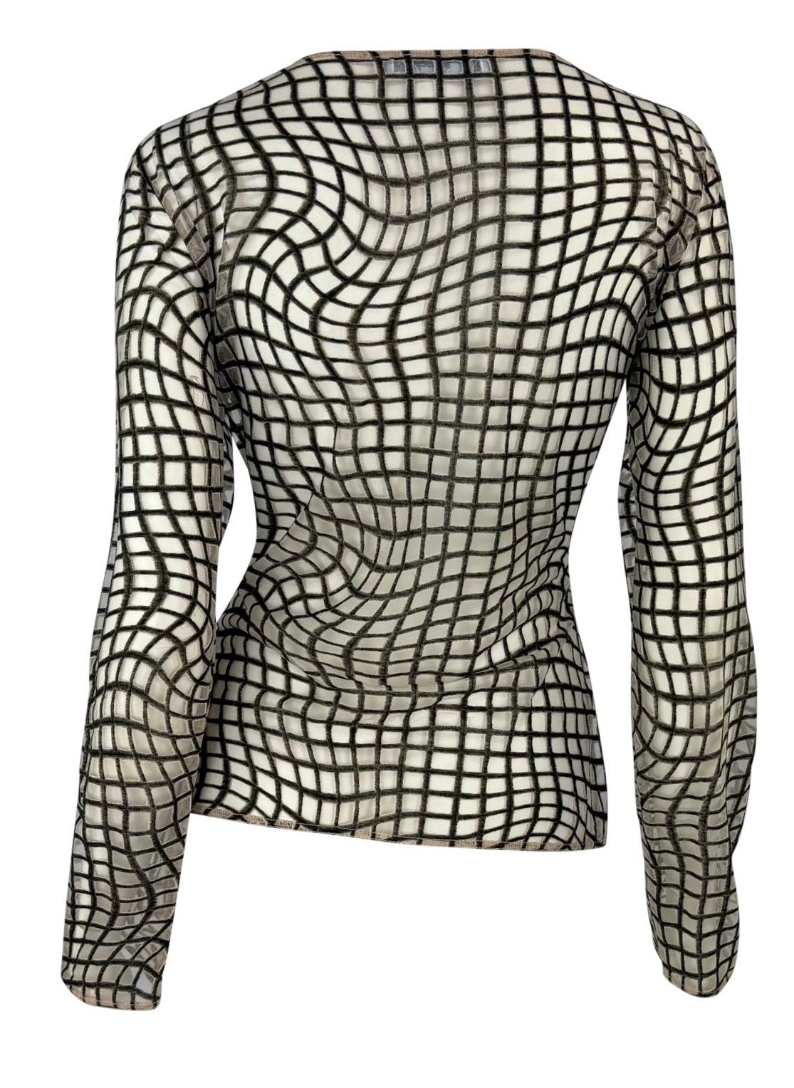 Women's 1990s Thierry Mugler Sheer Beige Mesh Op Art Print Long Sleeve Top For Sale