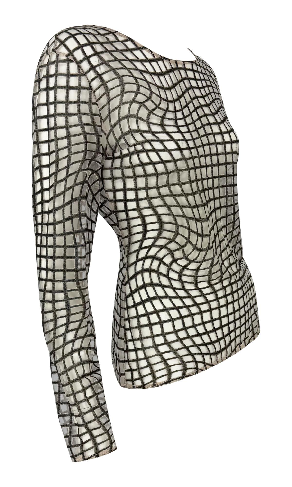 1990s Thierry Mugler Sheer Beige Mesh Op Art Print Long Sleeve Top For Sale 1