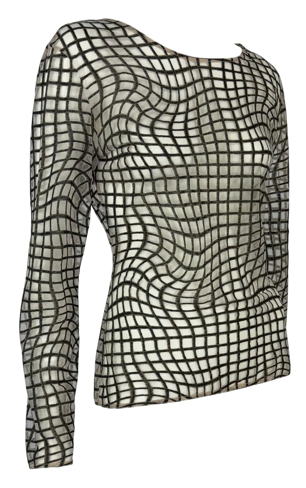 1990s Thierry Mugler Sheer Beige Mesh Op Art Print Long Sleeve Top For Sale 2