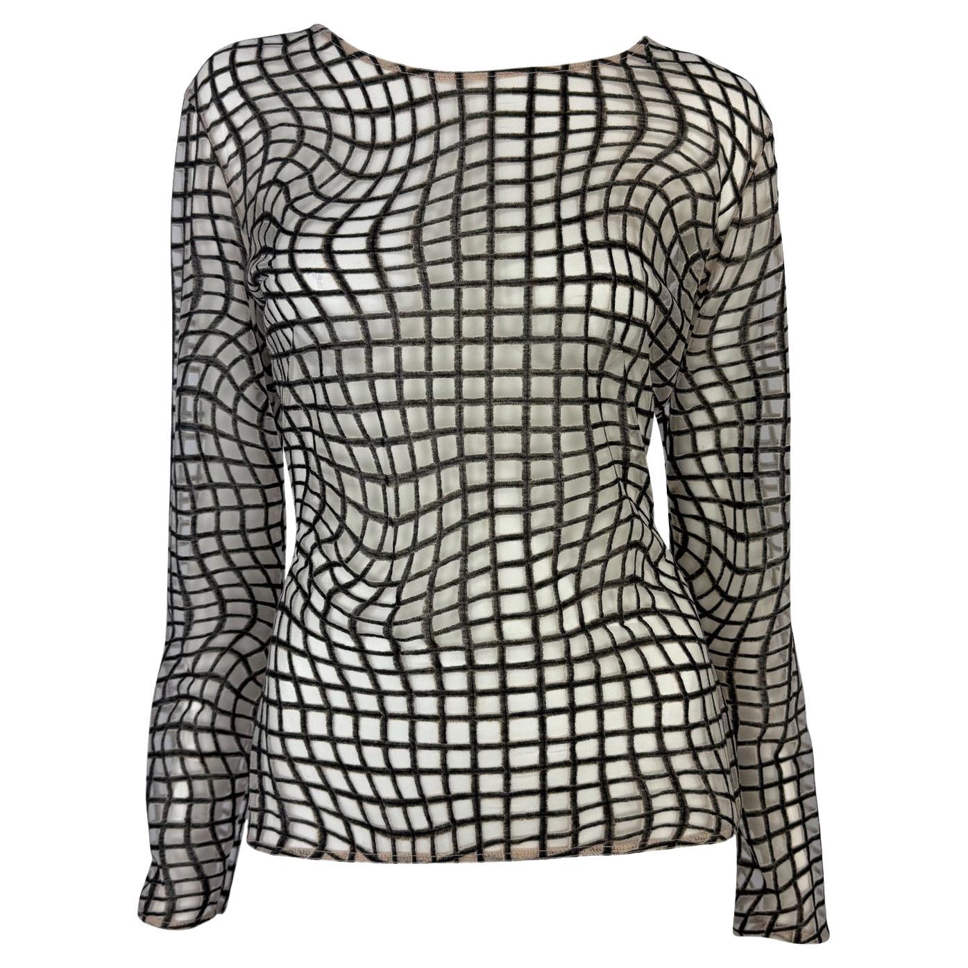 1990s Thierry Mugler Sheer Beige Mesh Op Art Print Long Sleeve Top For Sale
