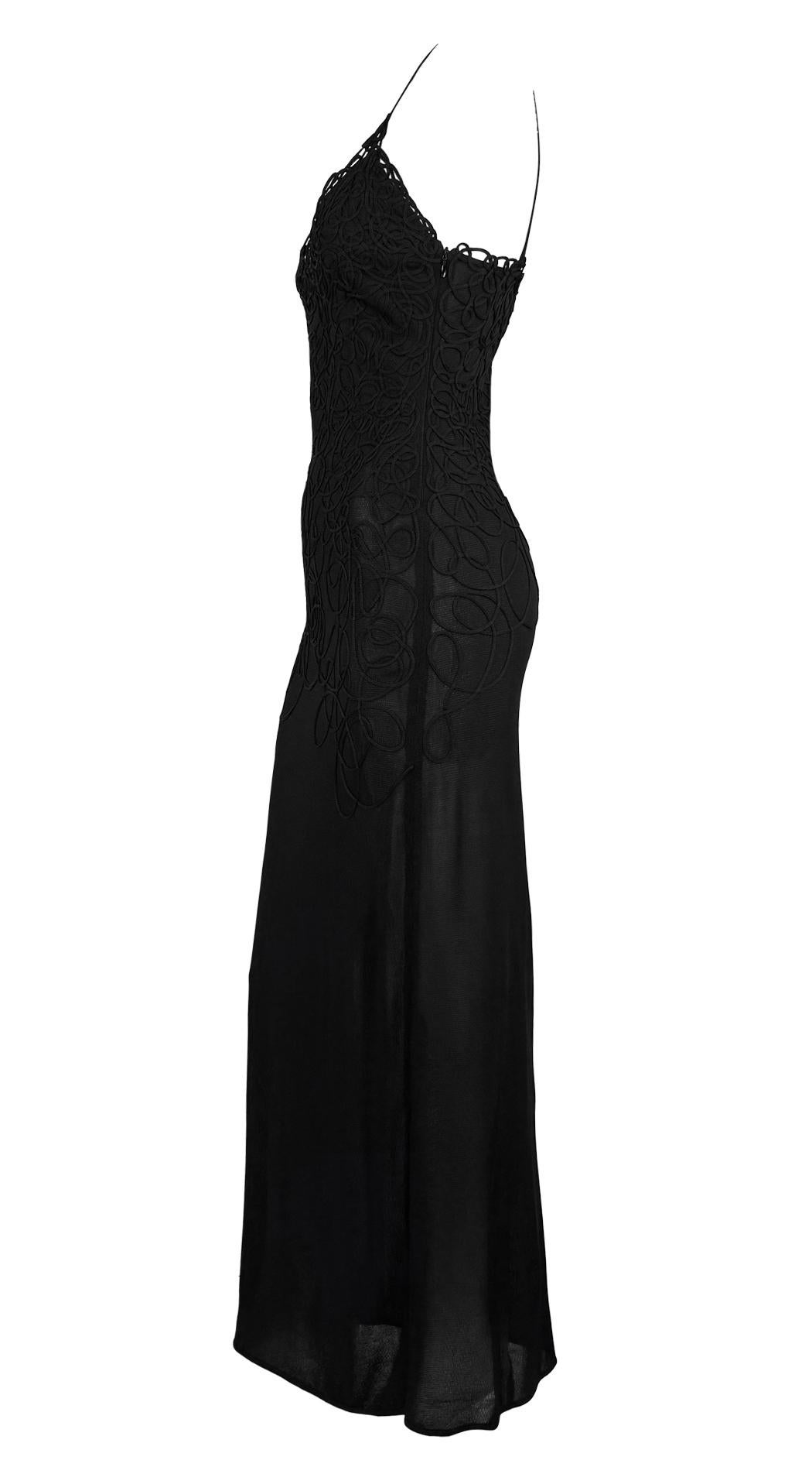 Women's 1990s Thierry Mugler Sheer Bodycon Abstract Swirl Embroidered Black Slip Gown For Sale